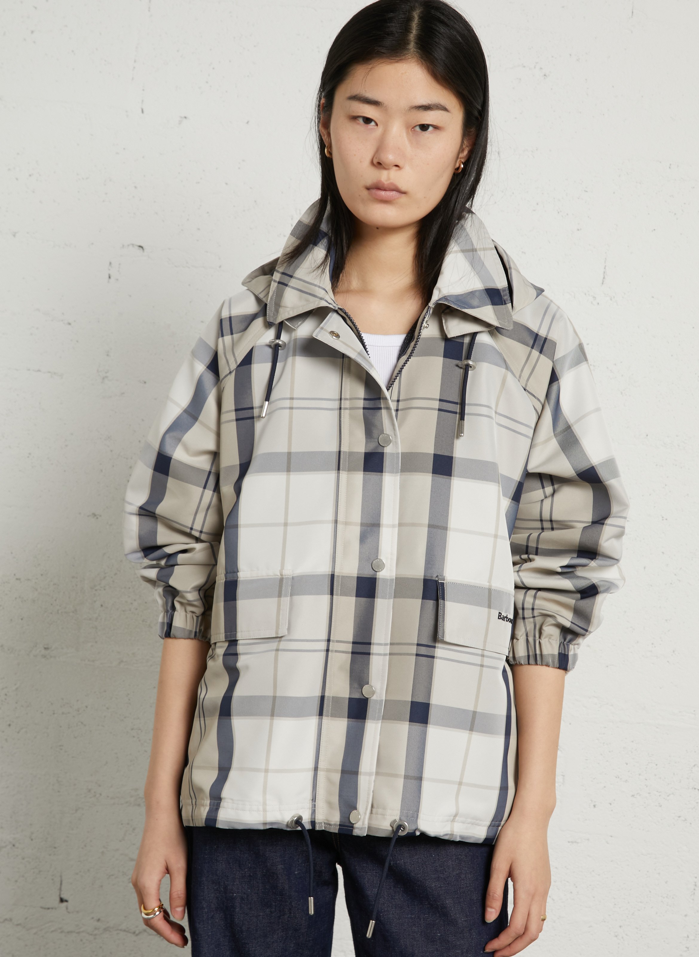 Veste droite à carreaux avec capuche Bleu