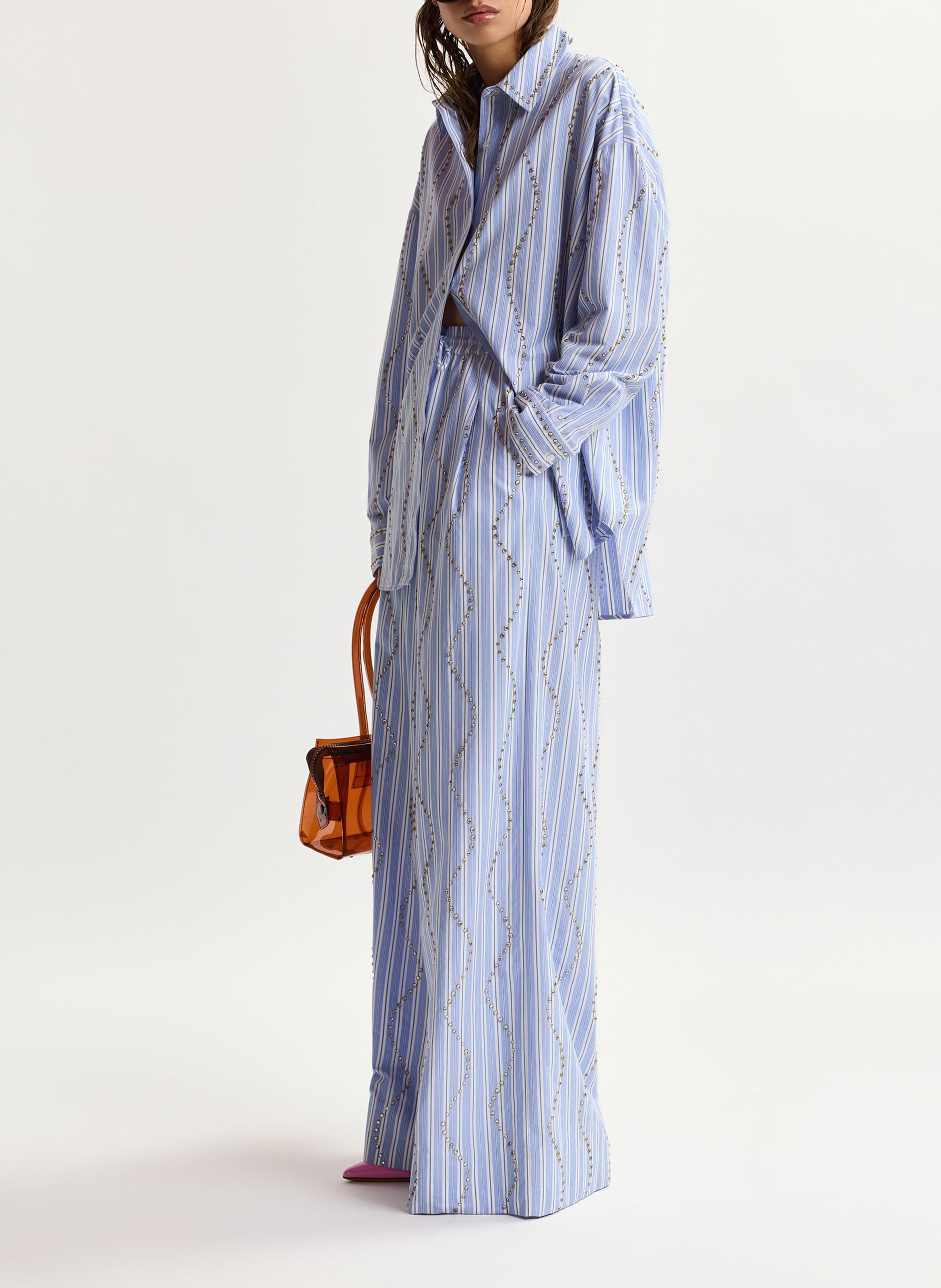 High-waisted wide-leg pants with stripes and rhinestones ESSENTIEL ANTWERP Blue