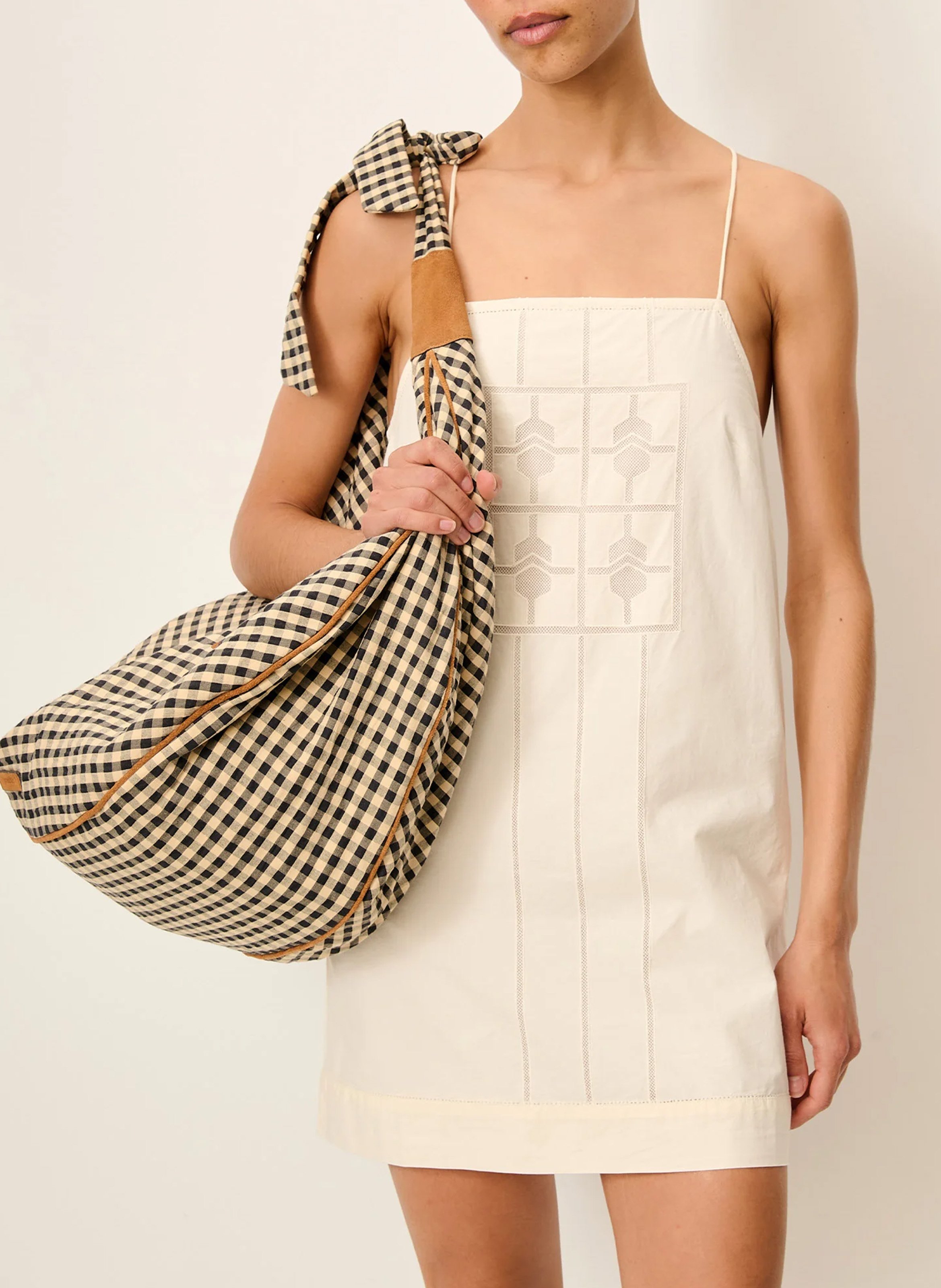 Kurzes Kleid mit quadratischem Ausschnitt aus bestickter Baumwolle SESSUN Beige