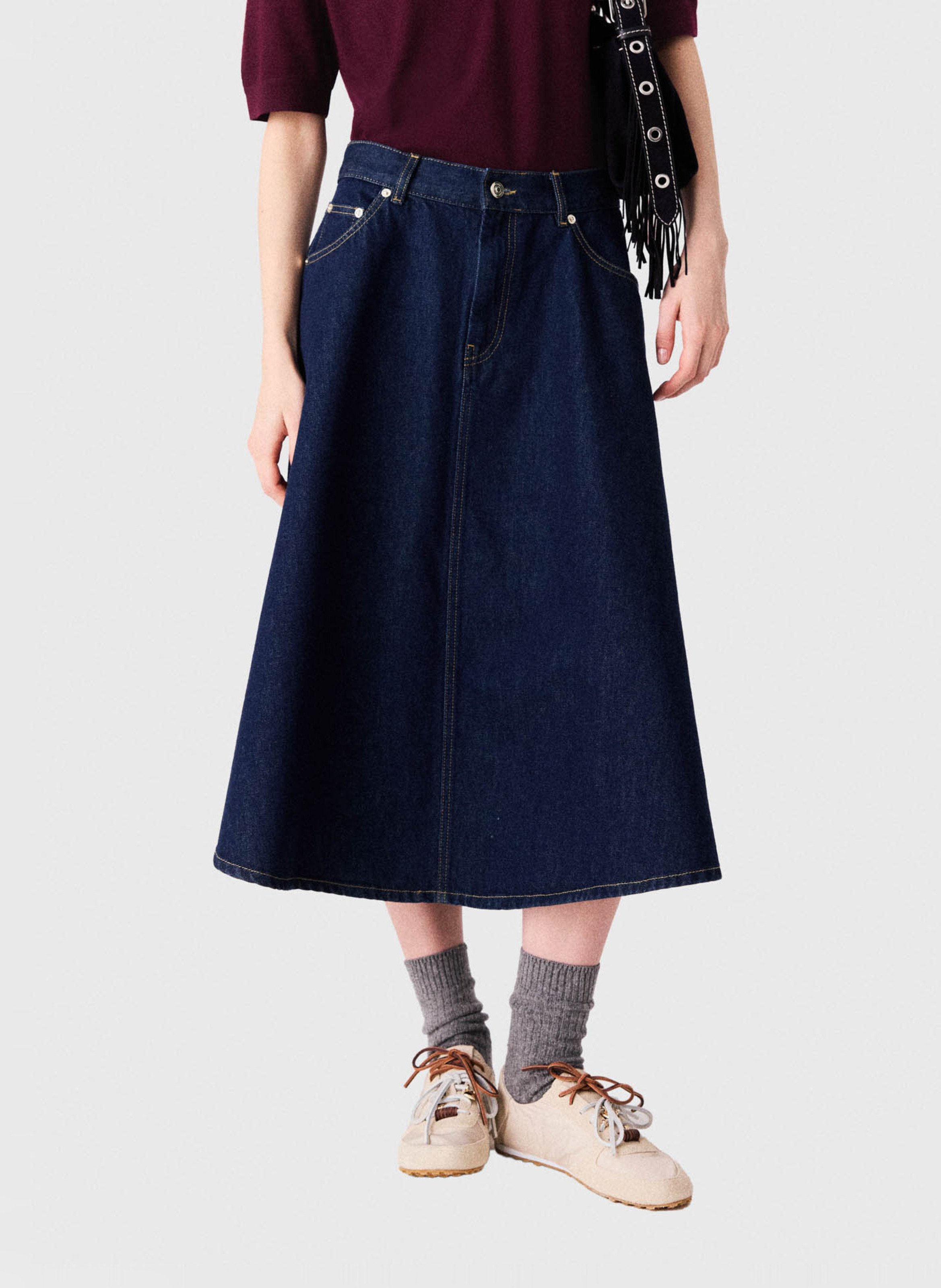 Jupe midi évasée en denim de coton MAJE Bleu