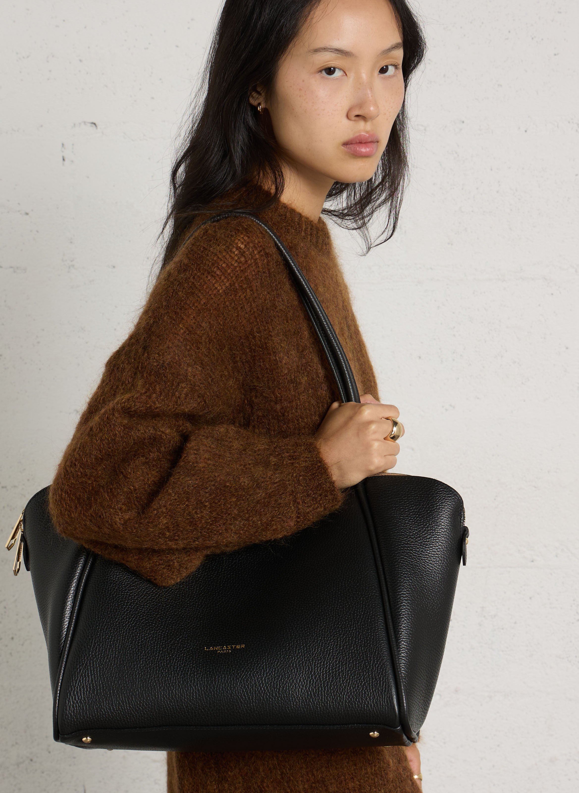 Leren shopper van rundernerf LANCASTER PARIS Zwart