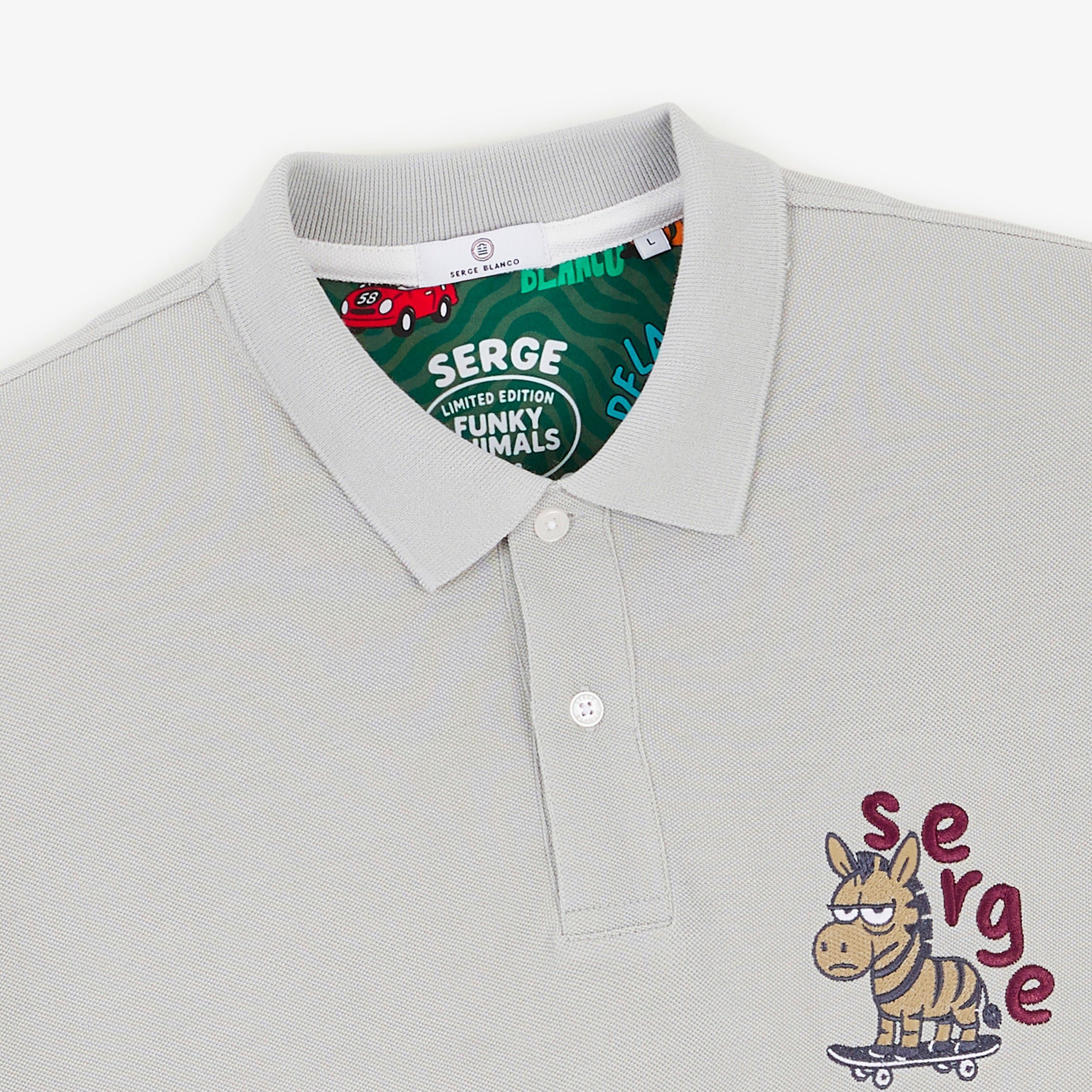 Short-sleeved piqué polo with funky animals in gray feather cotton SERGE BLANCO Grey