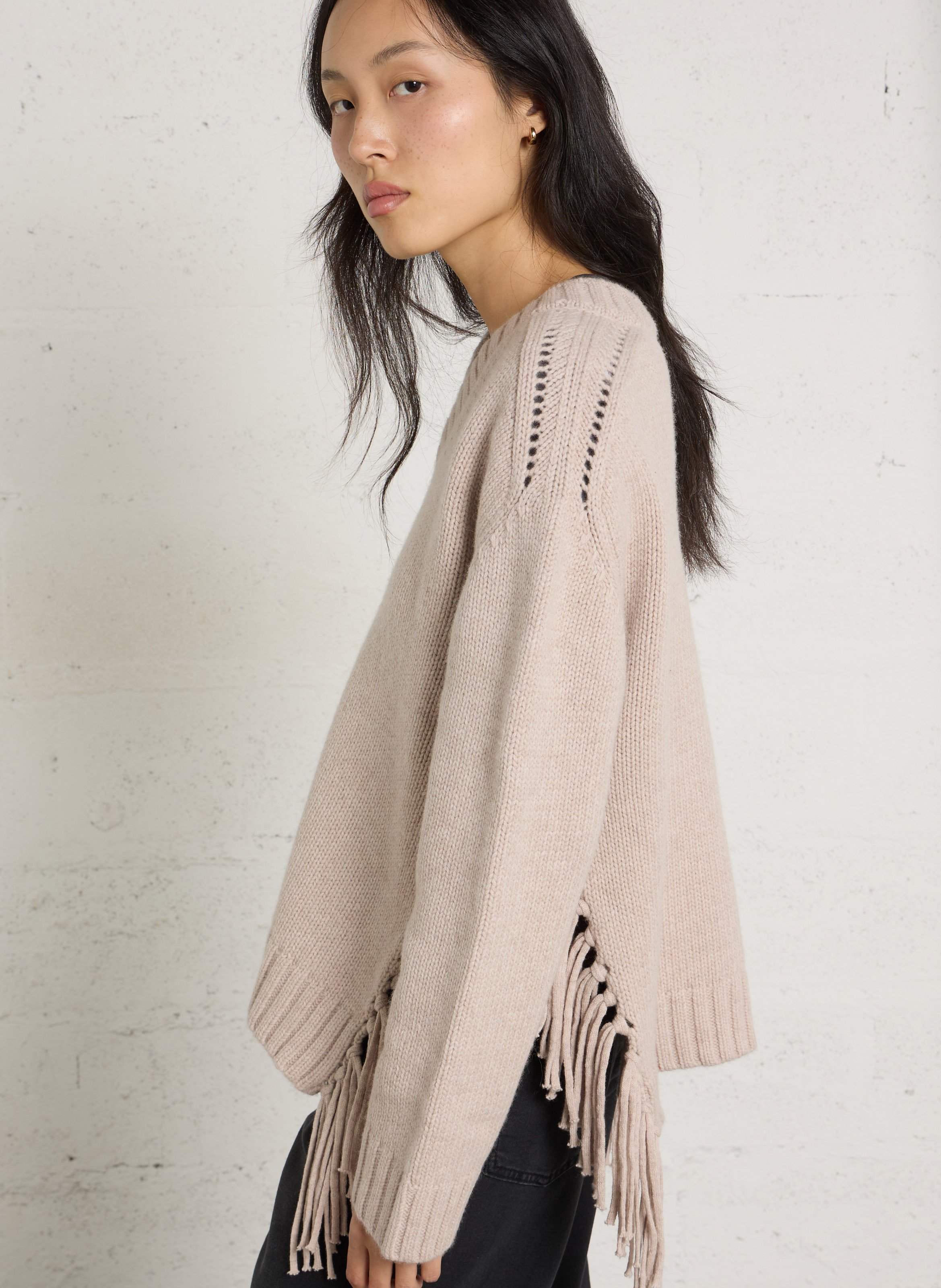 Gerade geschnittener Wollpullover mit V-Ausschnitt BERENICE Beige