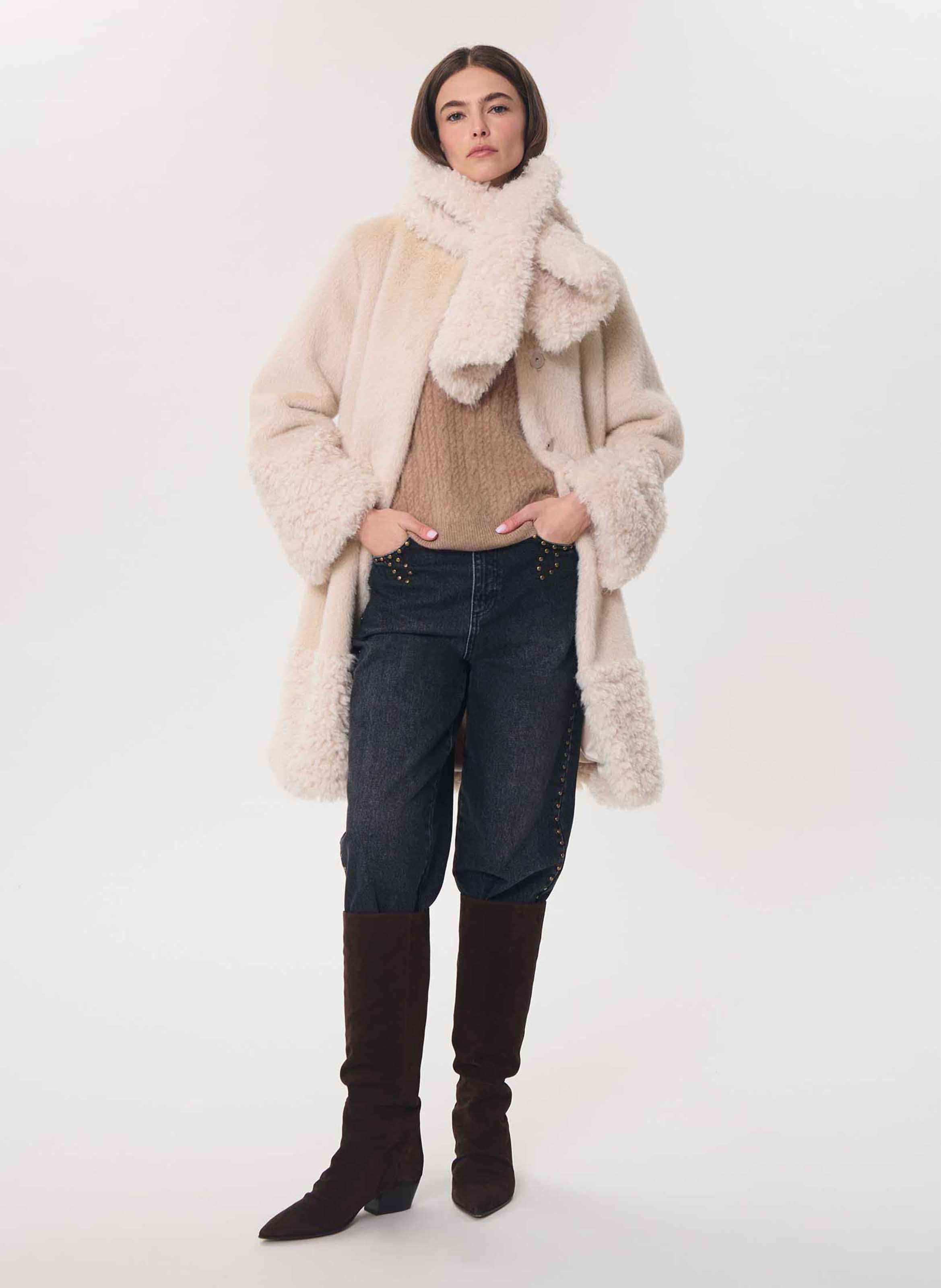 Manteau ample col rond effet fourrure TARA JARMON Beige