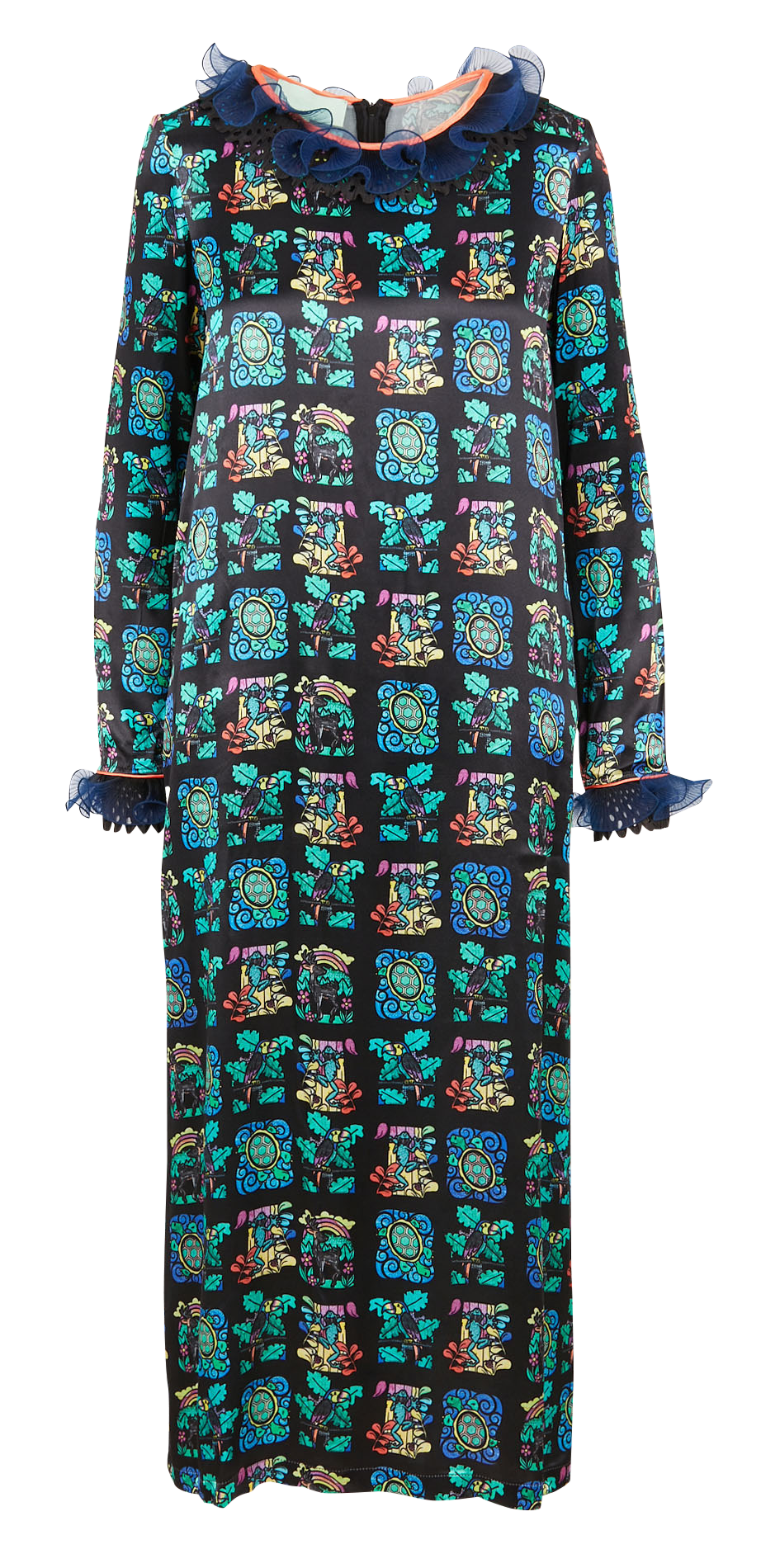 Long straight-cut printed dress with ruffles HEIMSTONE Multicolored