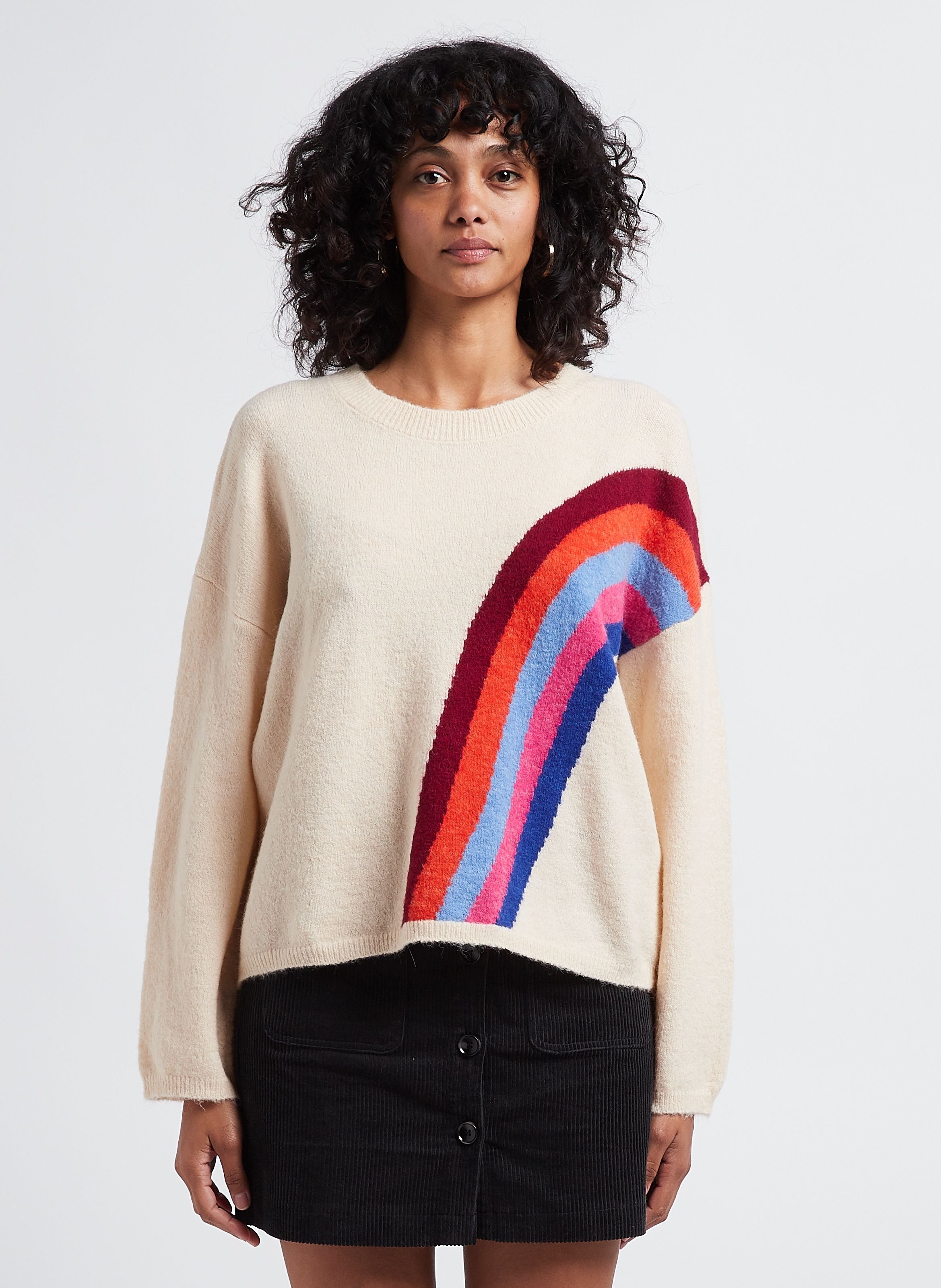 Beige Rainbow look jacquard round neck jumper