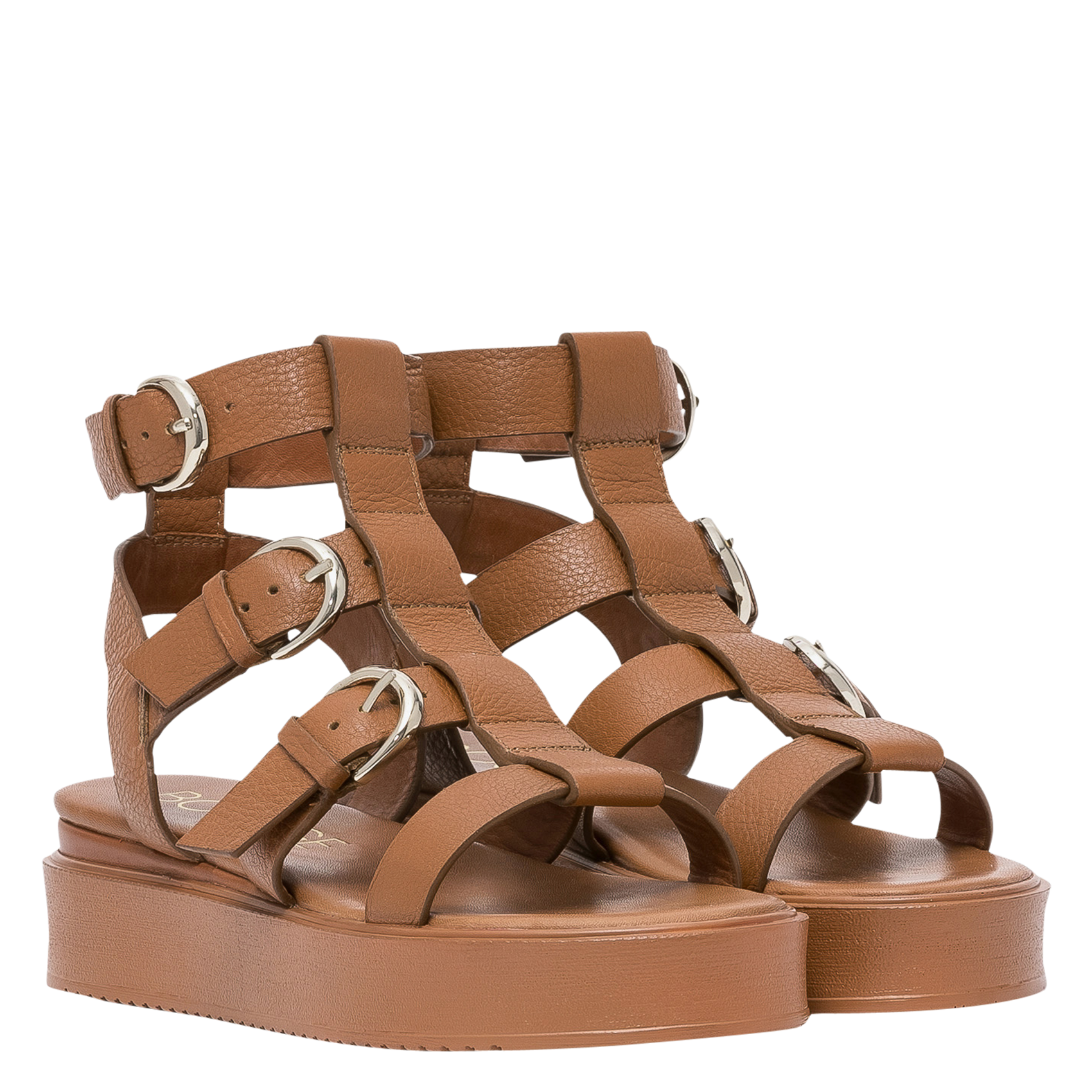 Sandalen aus genarbtem Leder mit mehreren Riemchen und Keilabsatz BOCAGE Braun