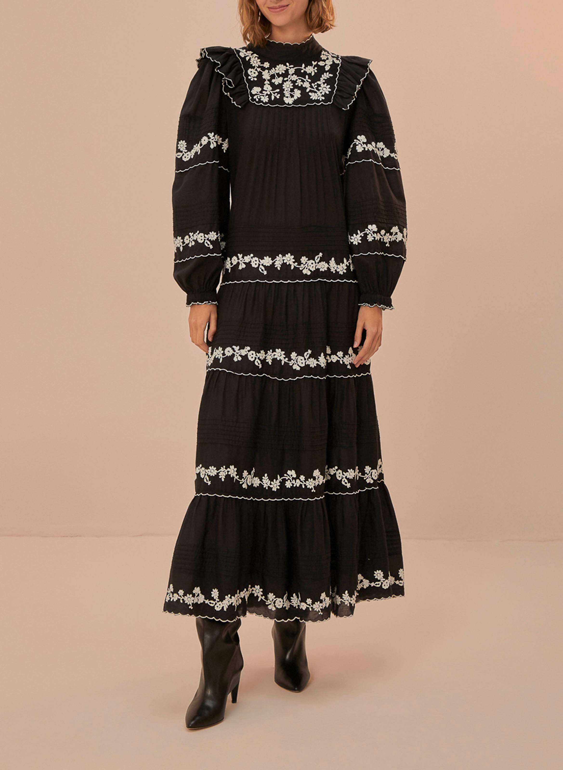 Long embroidered cotton dress FARM RIO Black