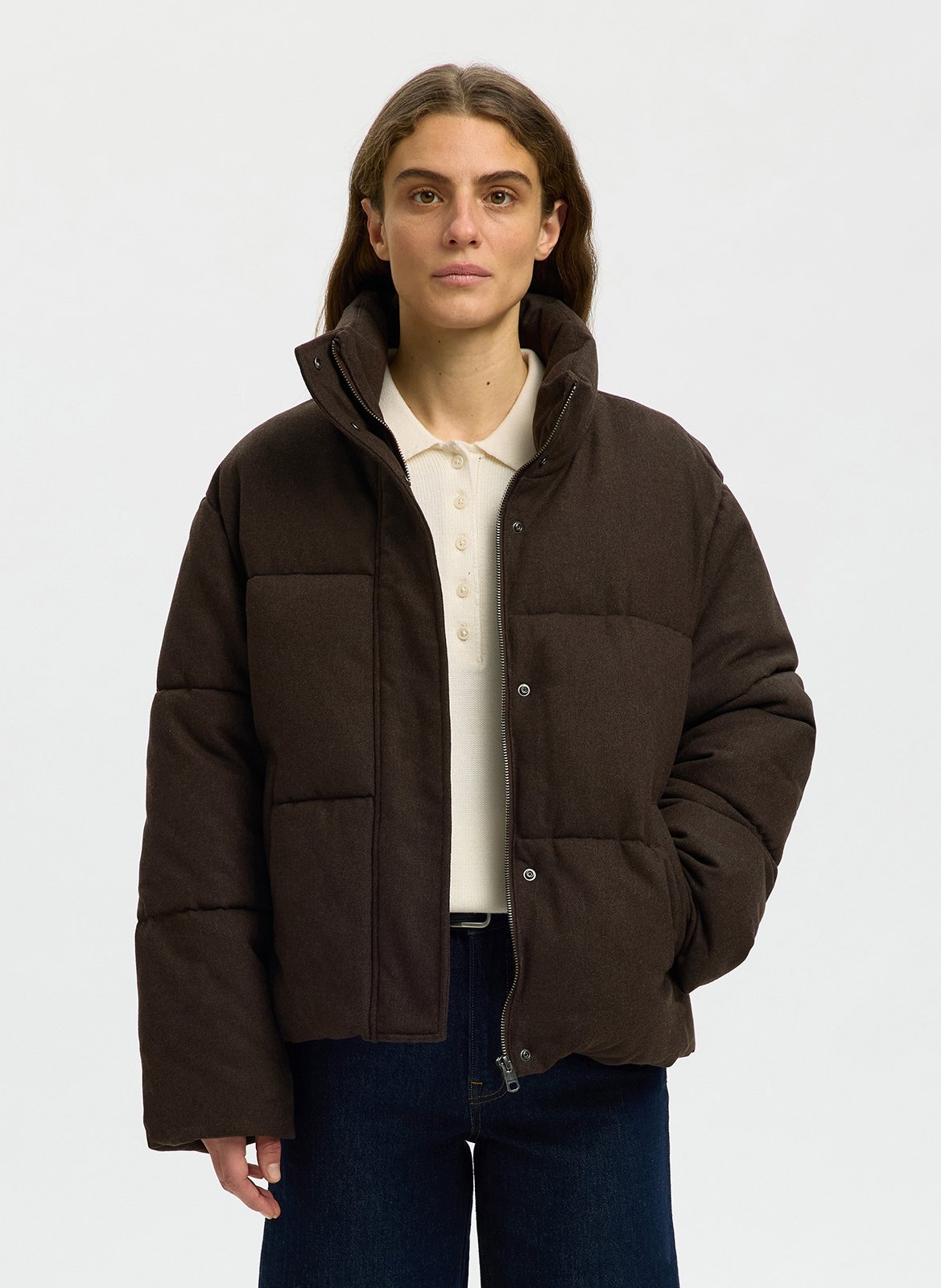 Rechte gewatteerde jas met opstaande kraag in effen kleur SELECTED Bruin