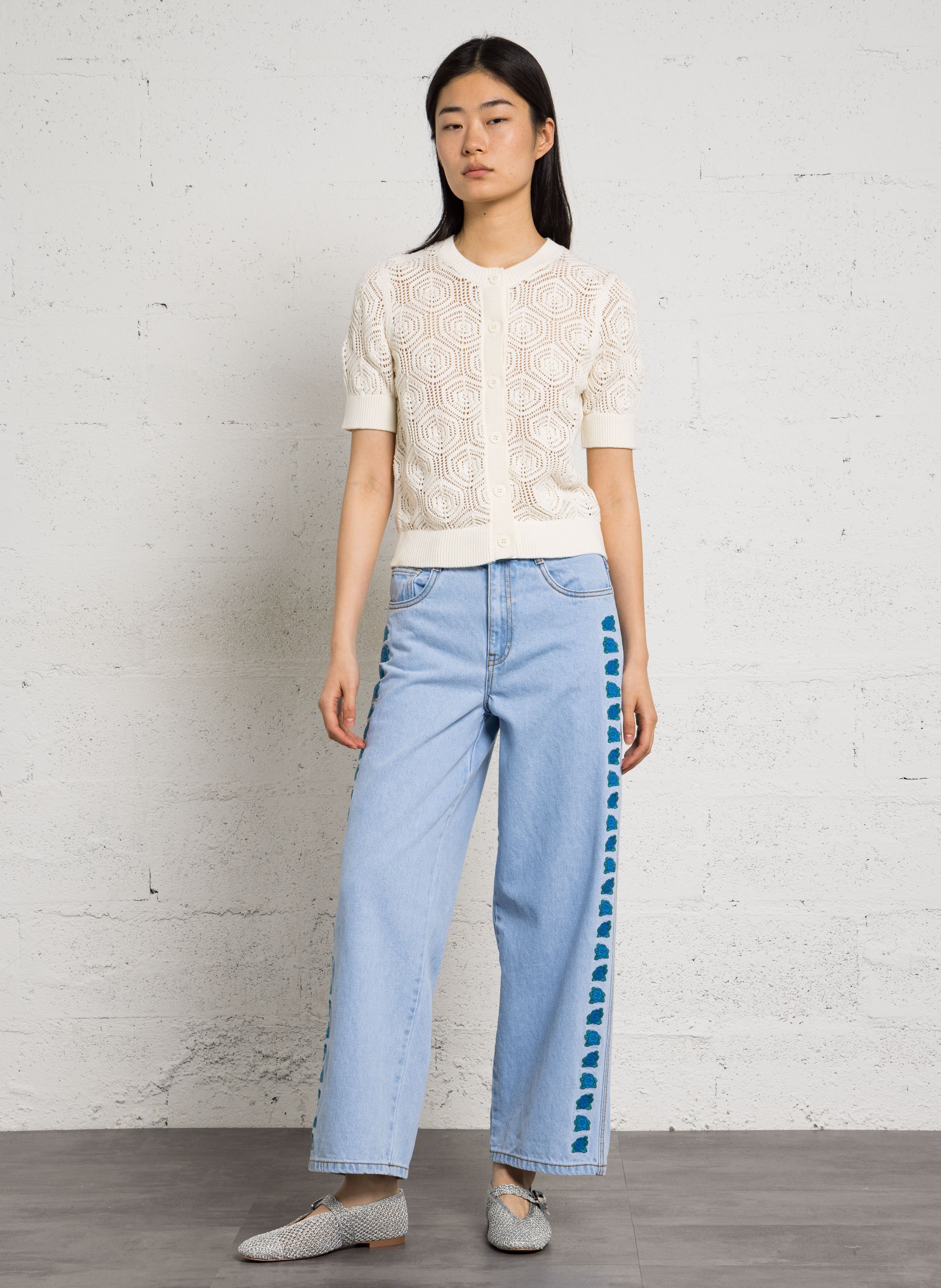 Gerade geschnittene Baumwollstrickjacke mit Rundhalskragen MAISON 123 Beige