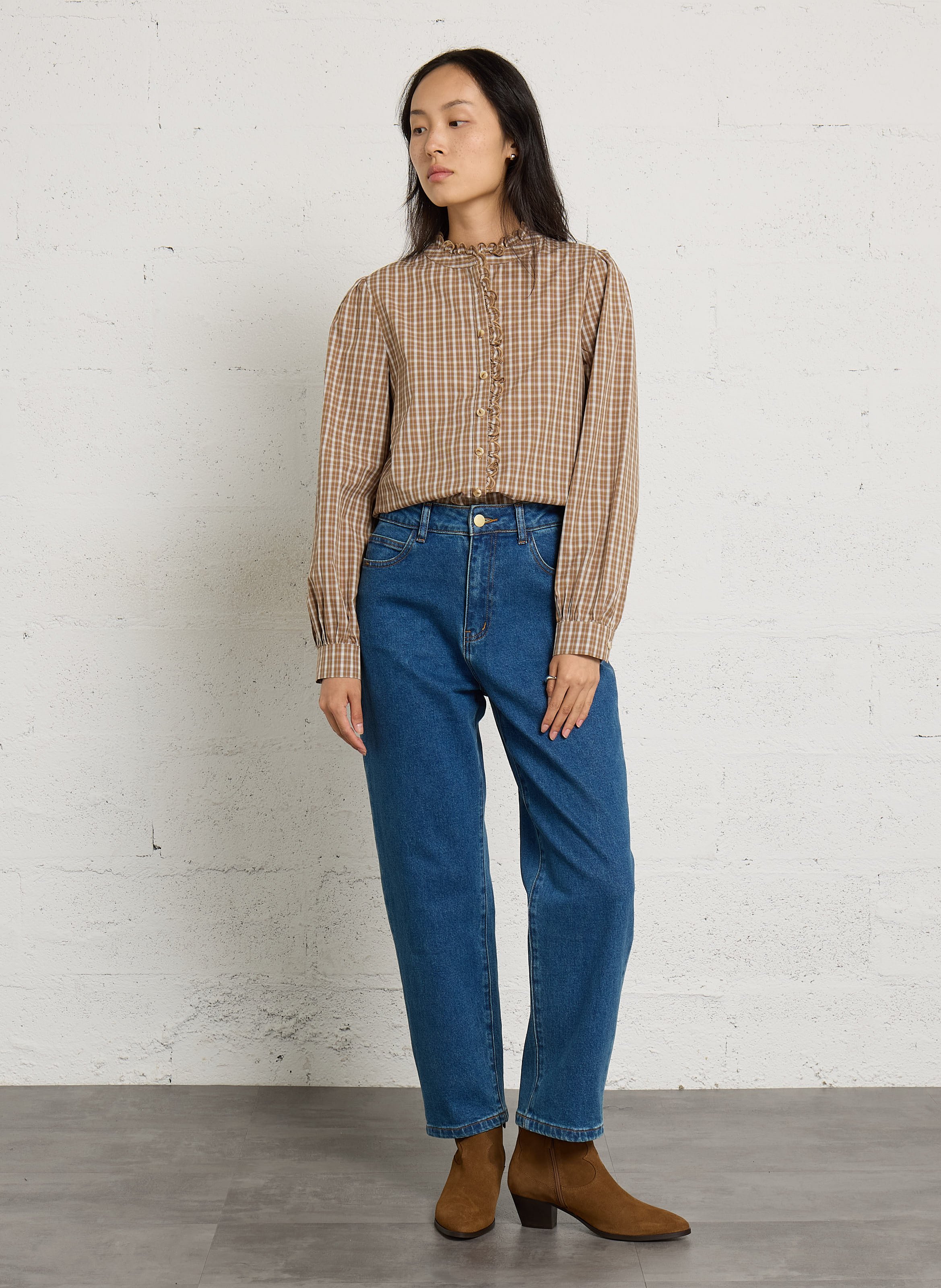 Blouse à carreaux en coton LA PETITE ETOILE Marron