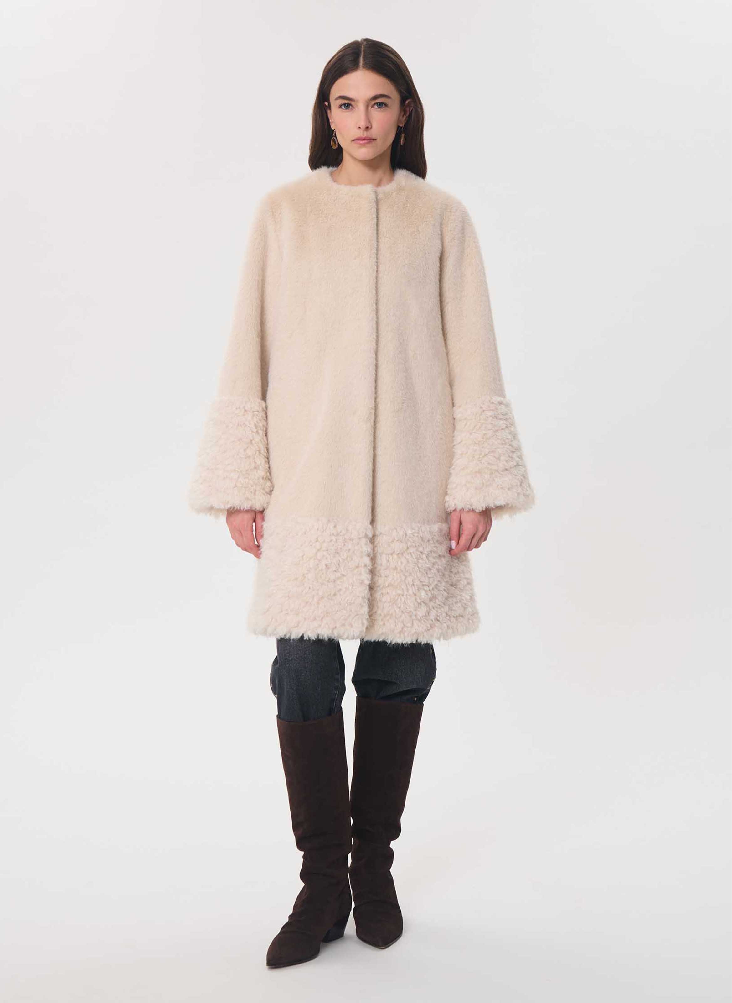 Manteau ample col rond effet fourrure TARA JARMON Beige