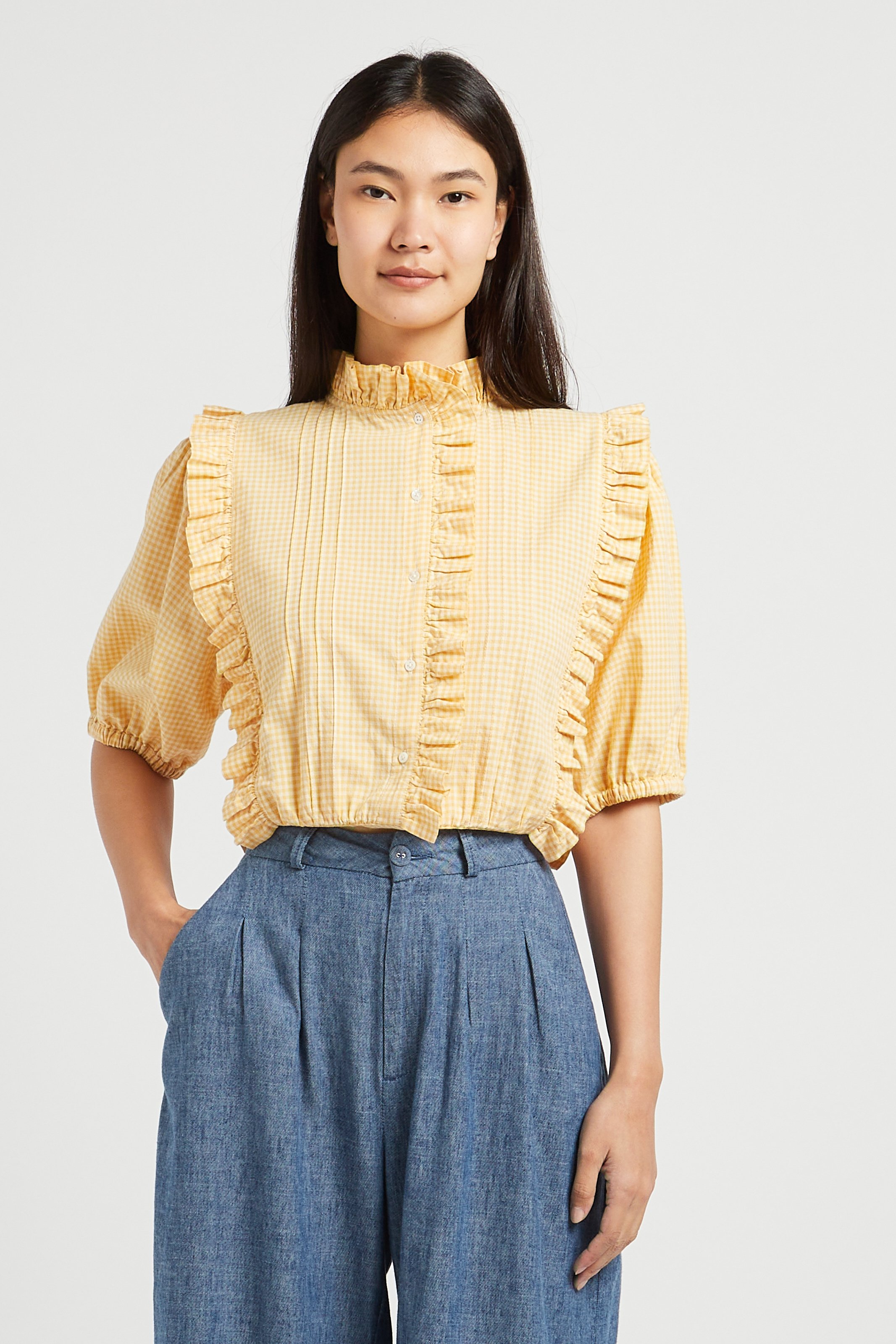 High-neck cotton blouse with ruffles EMILE ET IDA Yellow