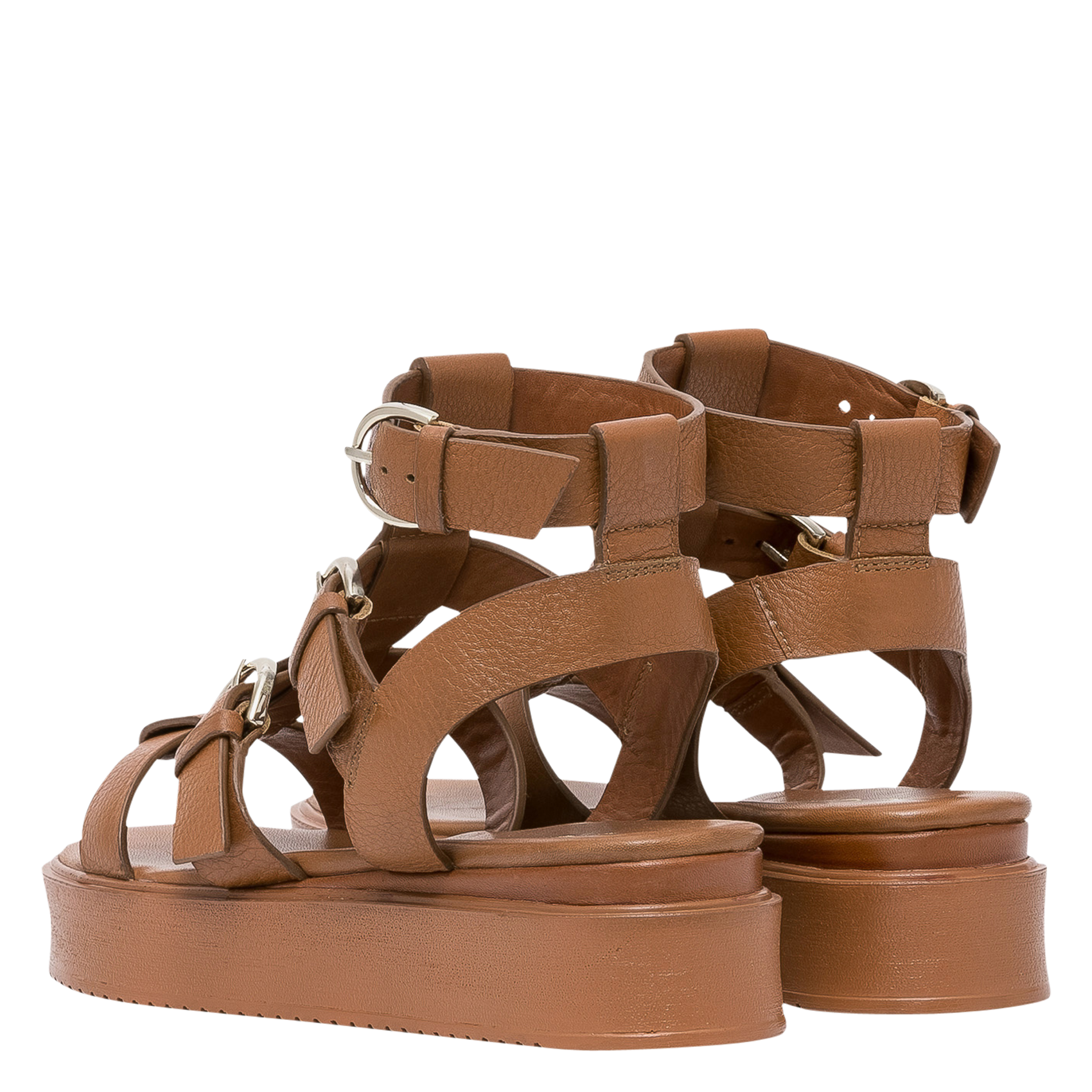 Sandalen aus genarbtem Leder mit mehreren Riemchen und Keilabsatz BOCAGE Braun
