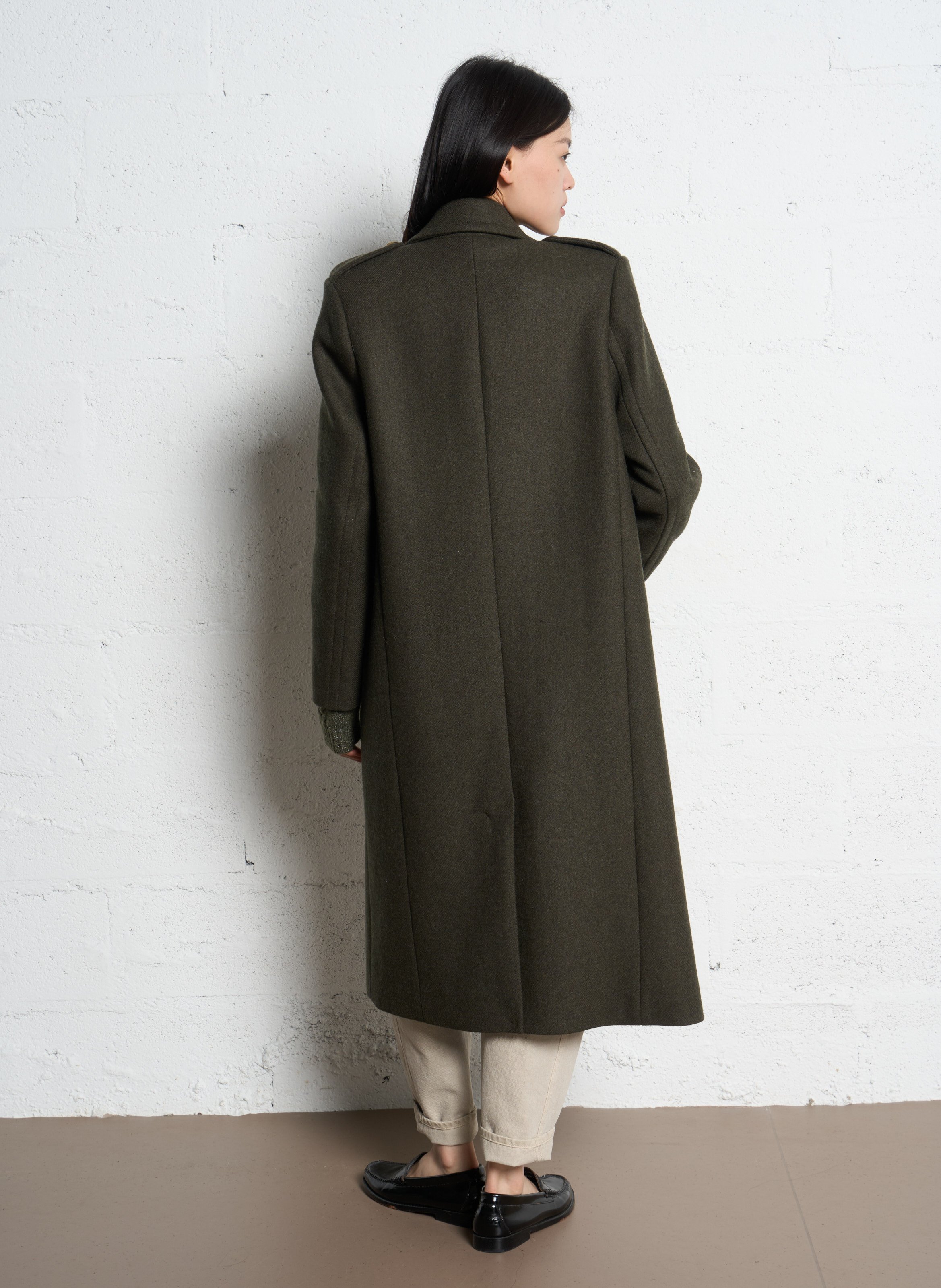 Manteau droit en laine mélangée IKKS Kaki