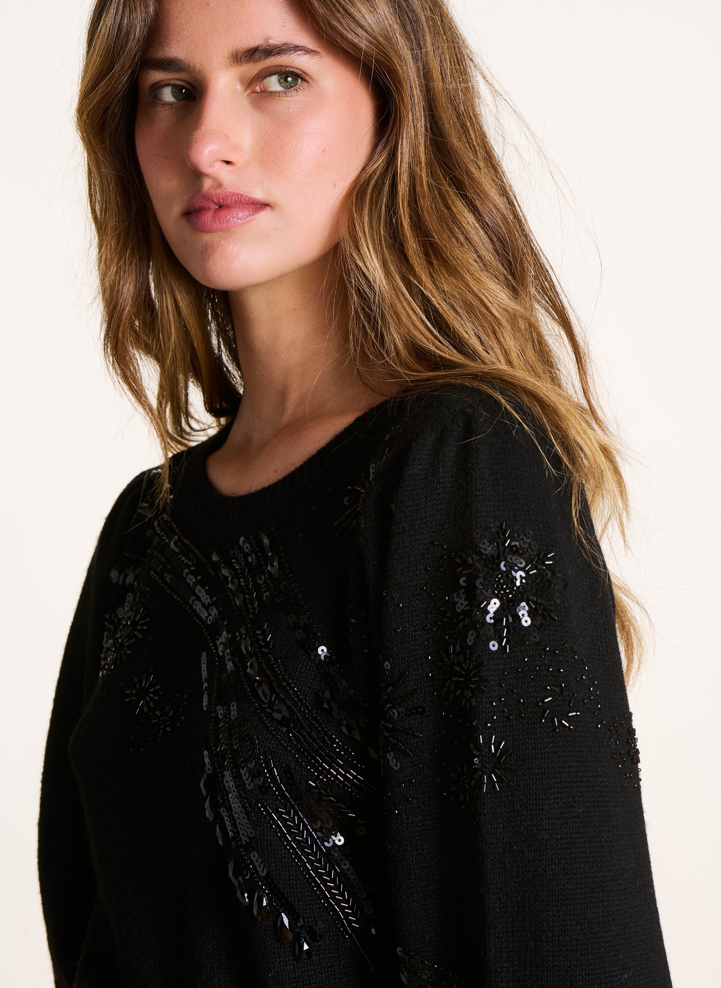Rundhalsausschnitt-Pullover mit Pailletten und Perlen LA FEE MARABOUTEE Schwarz