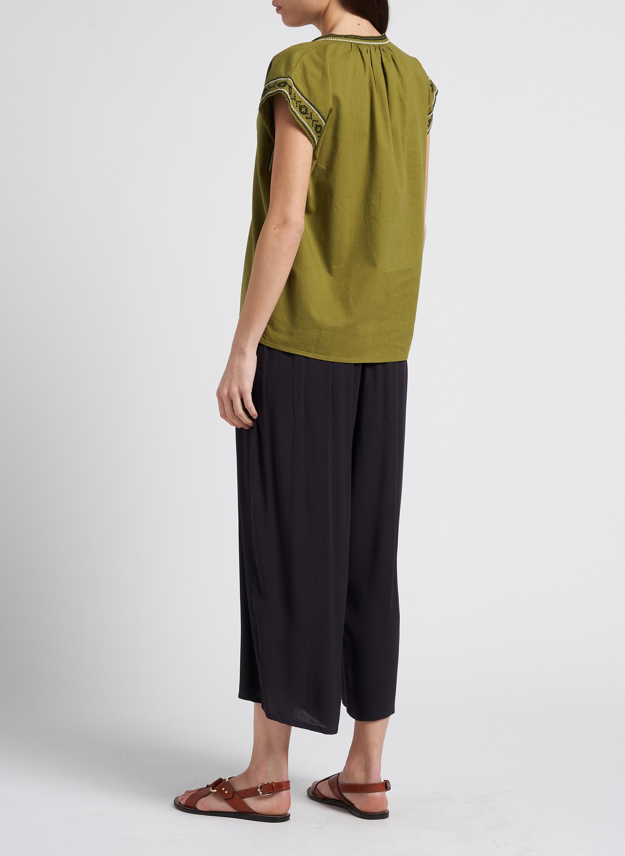 Weite Baumwollbluse mit V-Ausschnitt und Stickerei HARTFORD Khaki