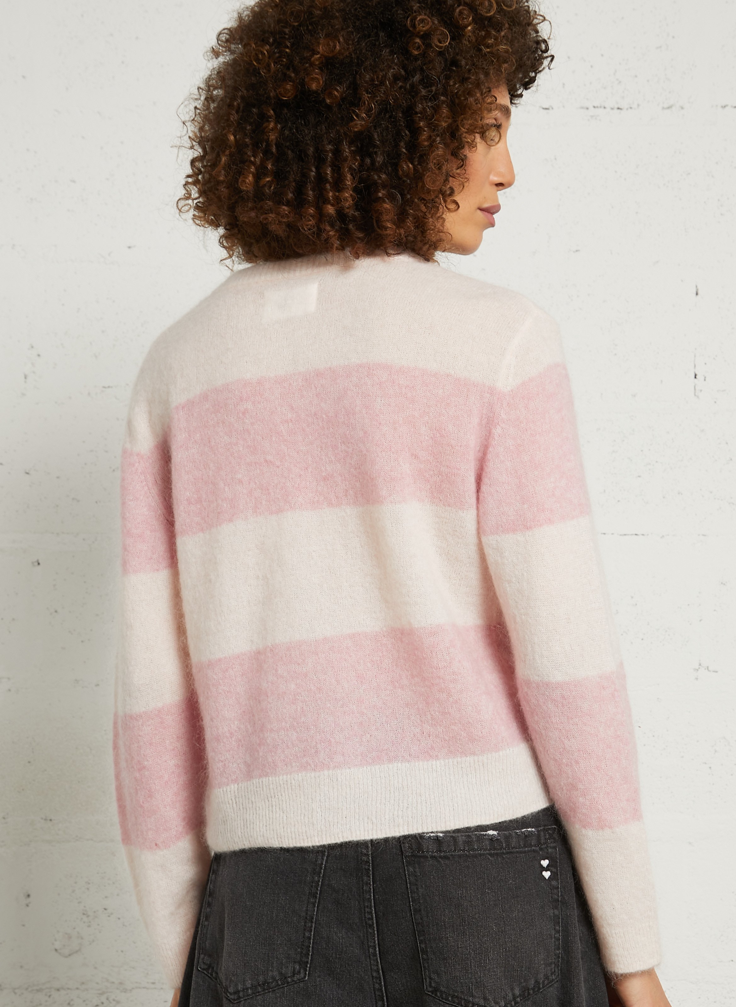 Gilet droit col rond rayé en laine mélangée DES PETITS HAUTS Rose