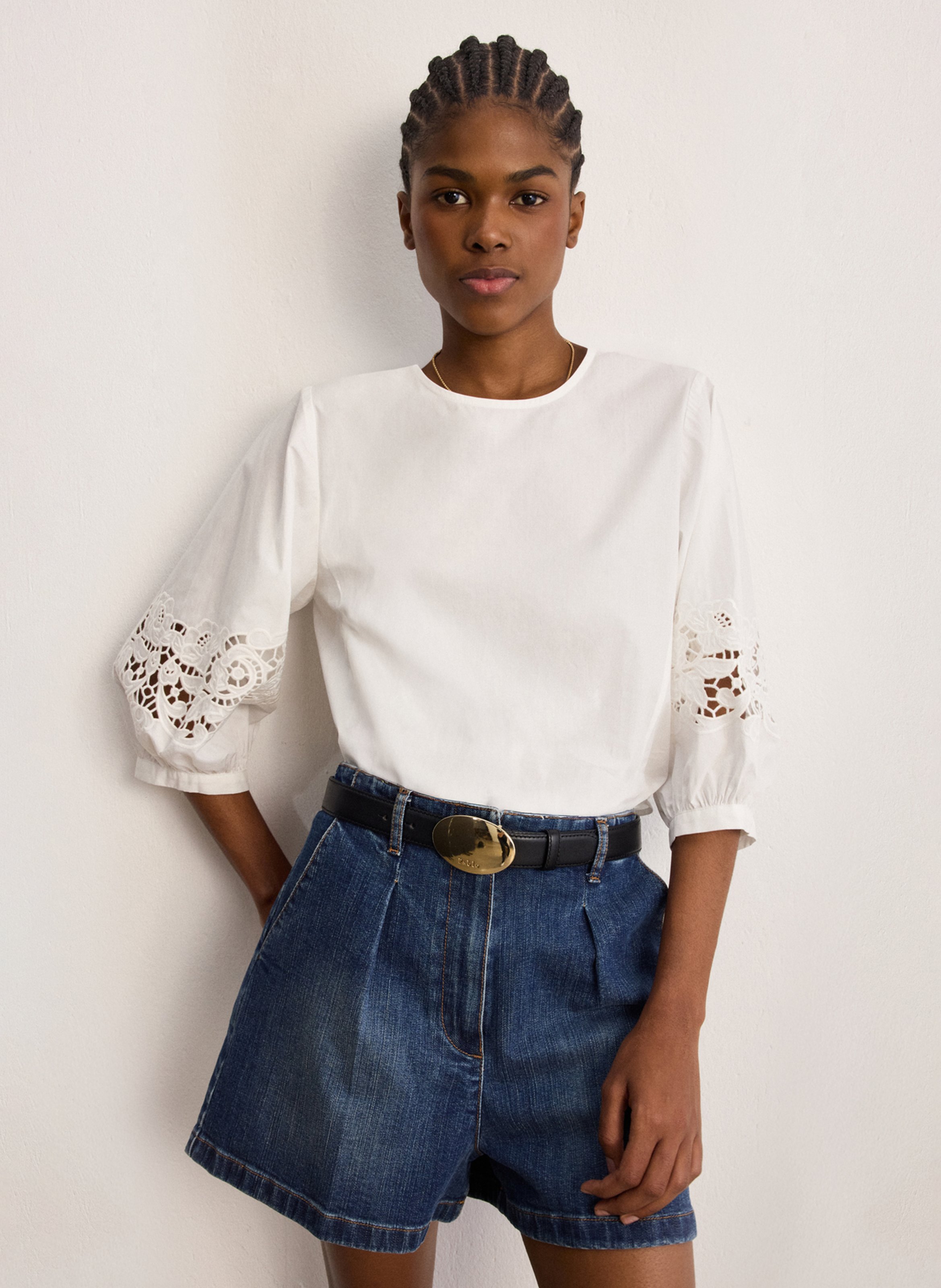 Top droit col rond en coton PABLO Weiss