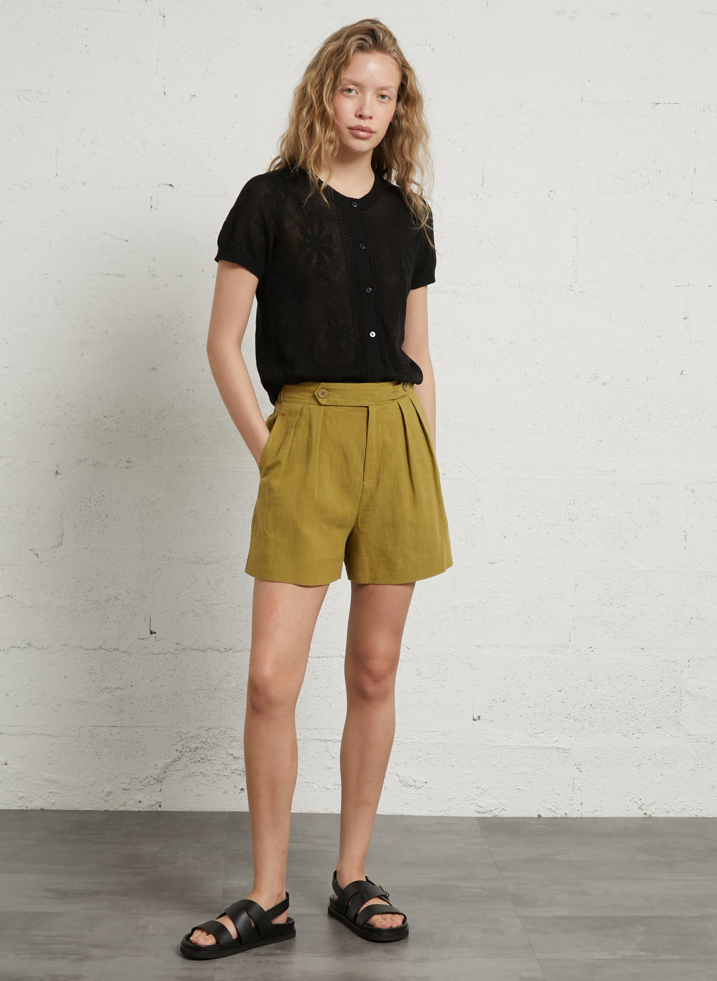 Vloeie korte jurk in gemengd linnen SEE U SOON Kaki