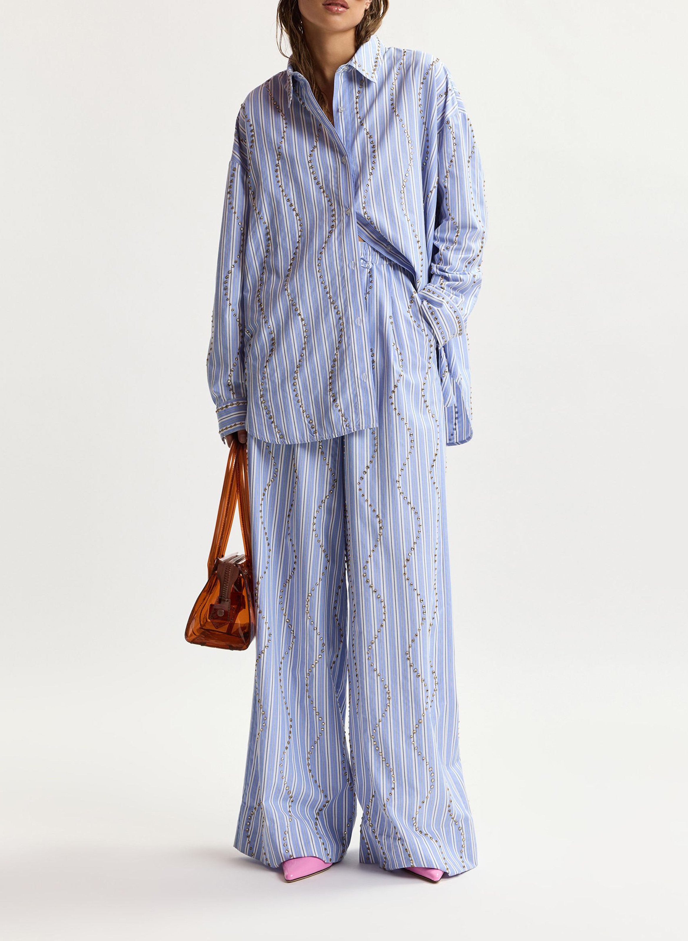 High-waisted wide-leg pants with stripes and rhinestones ESSENTIEL ANTWERP Blue