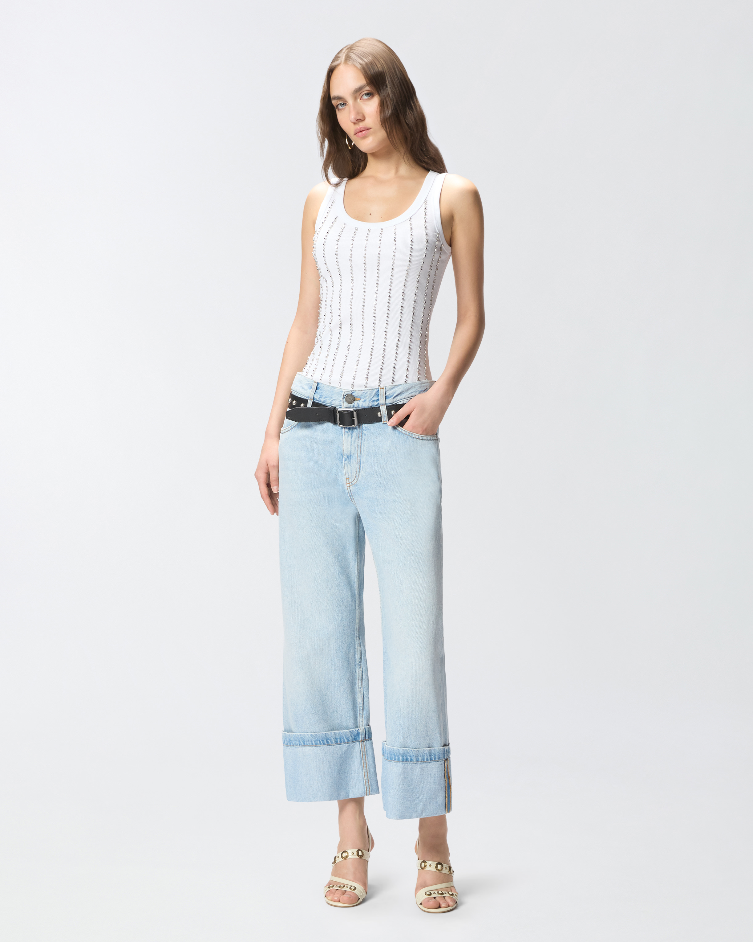 Cropped jeans with leather belt PINKO Blue