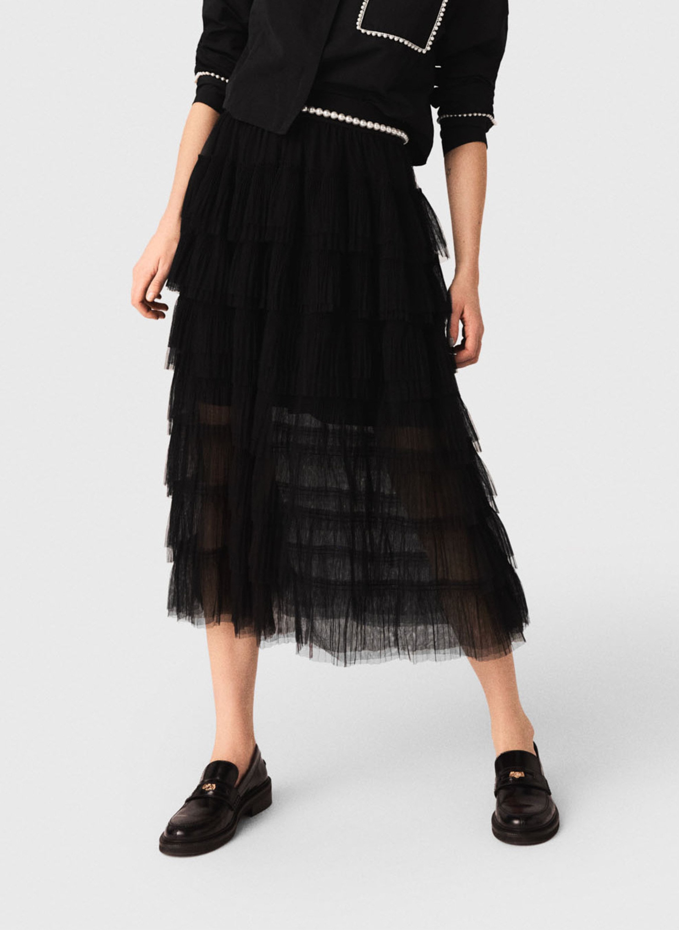 Jupe midi à volants en tulle MAJE Noir