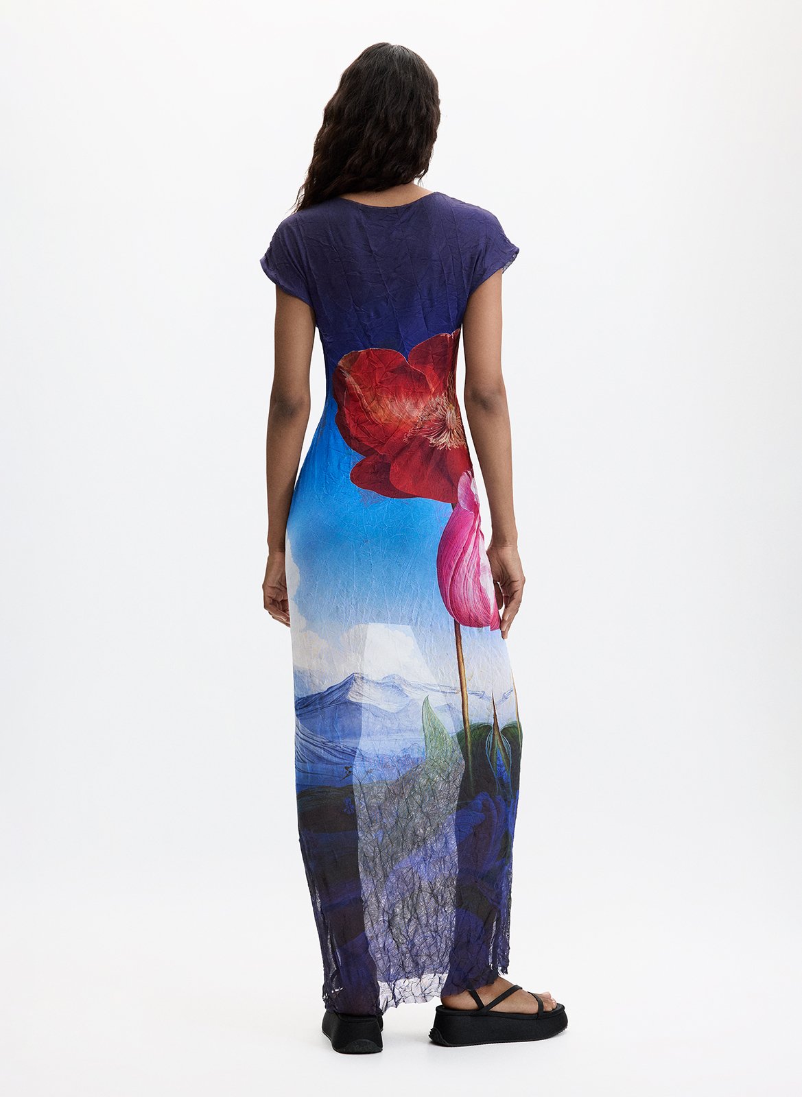 Robe longue imprimée col rond DESIGUAL Bleu