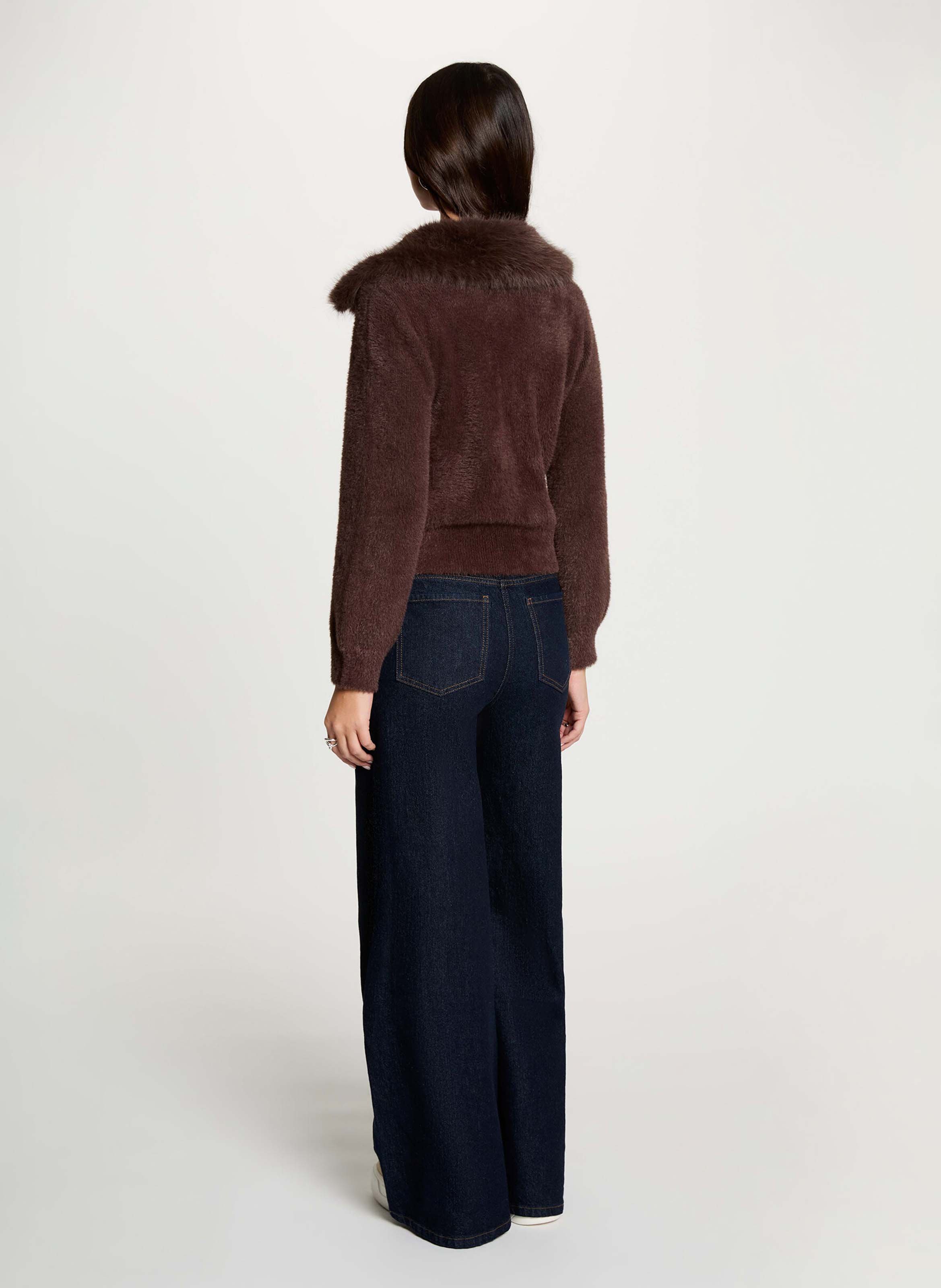 Gebreid vest met ritssluiting en kraag met bontlook MORGAN Bruin