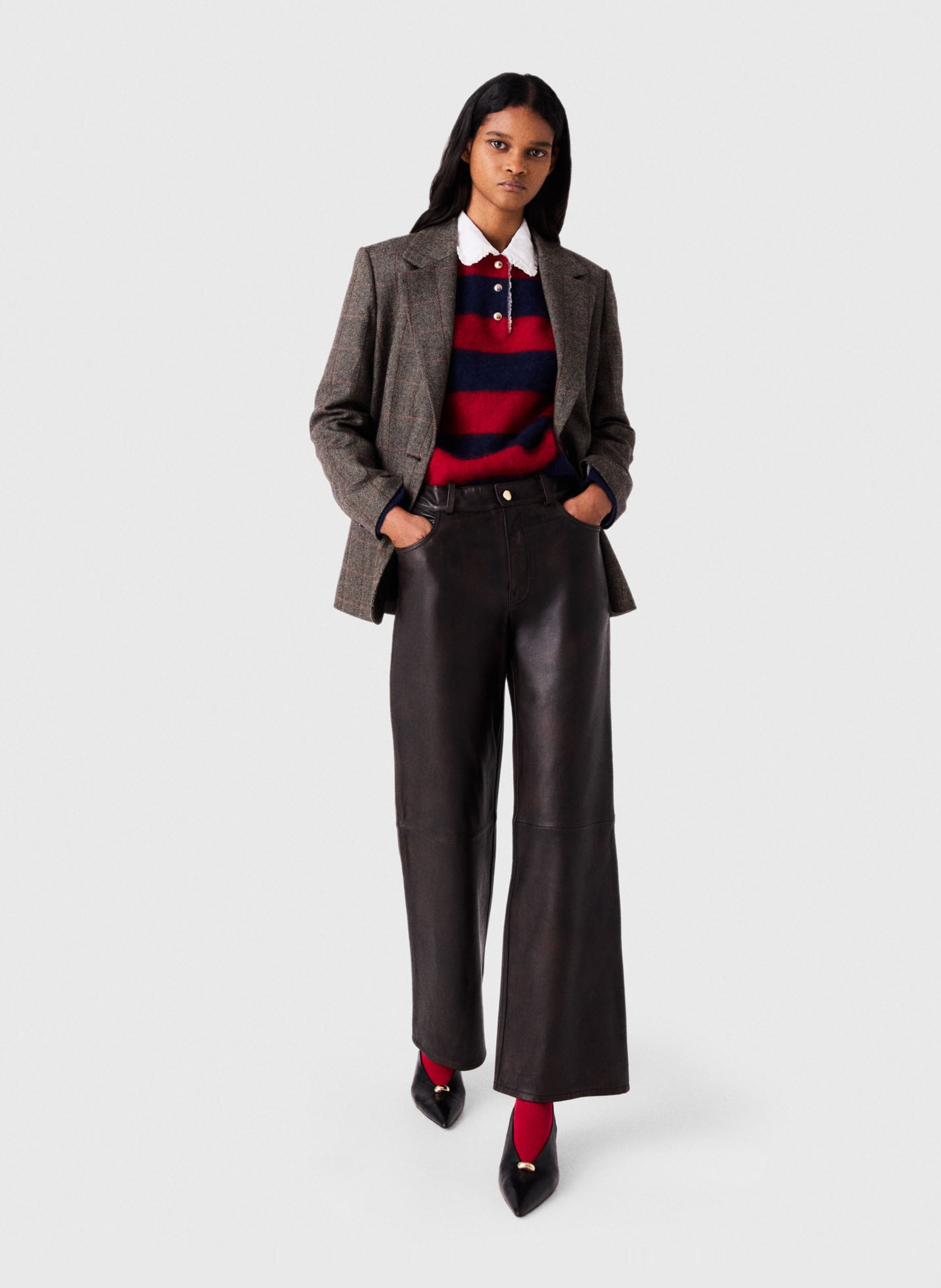 Pantalon droit en cuir MAJE Marron