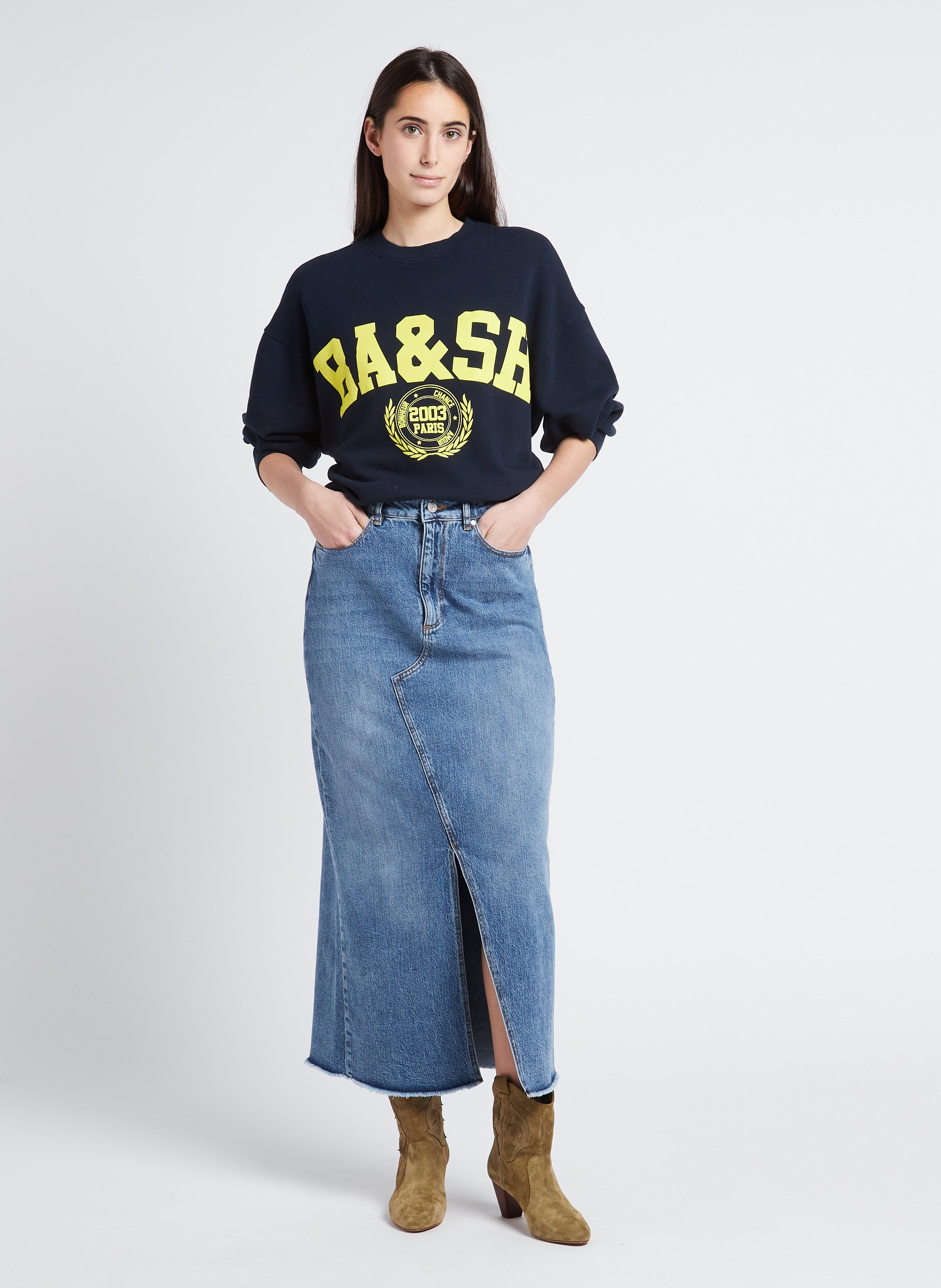 Pull oversize col rond en coton mélangé BA&SH Bleu