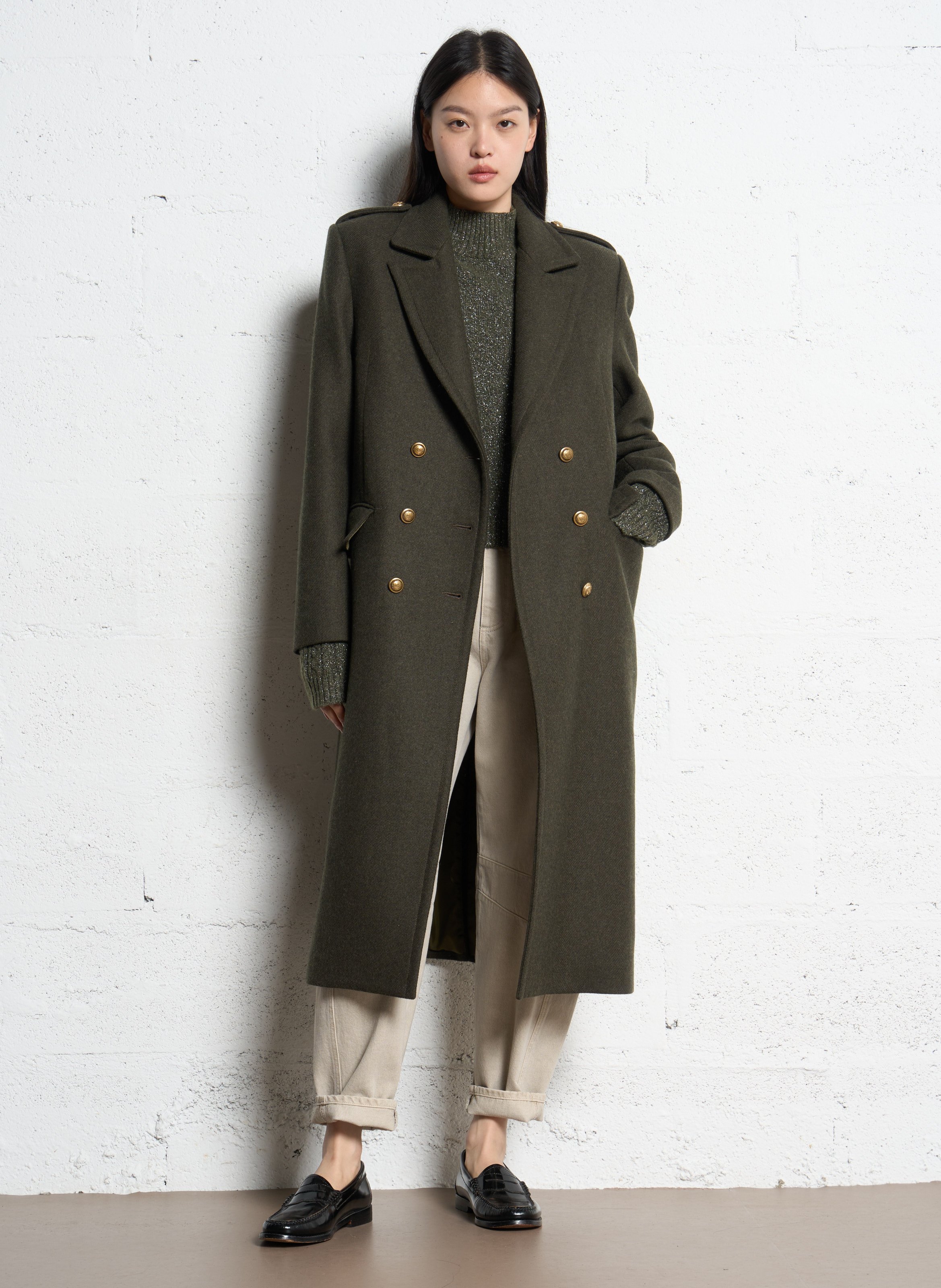 Manteau droit en laine mélangée IKKS Kaki