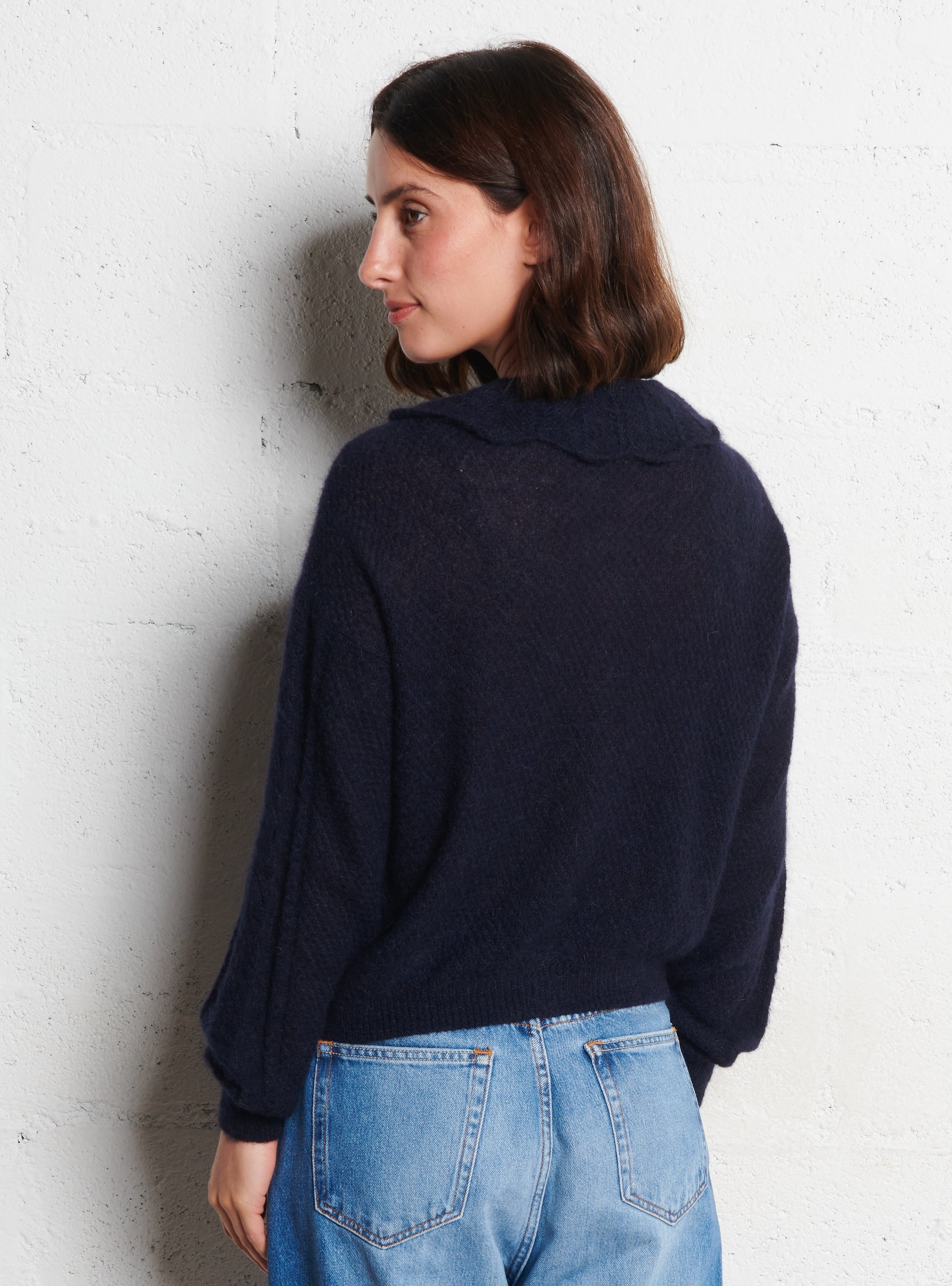 Gilet droit tressé en laine mélangée DES PETITS HAUTS Bleu