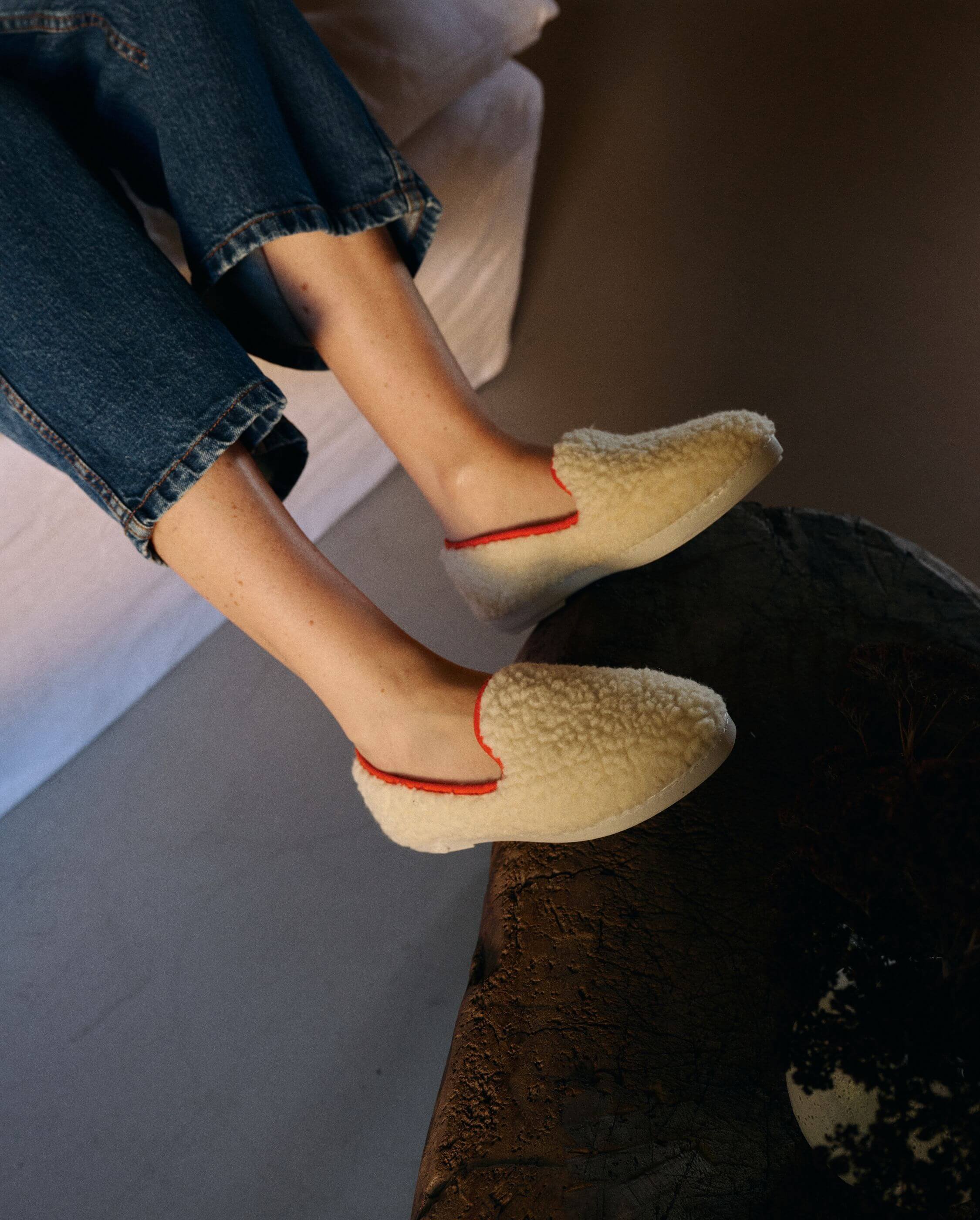 Women's wool bouclé slippers, white orange ANGARDE White