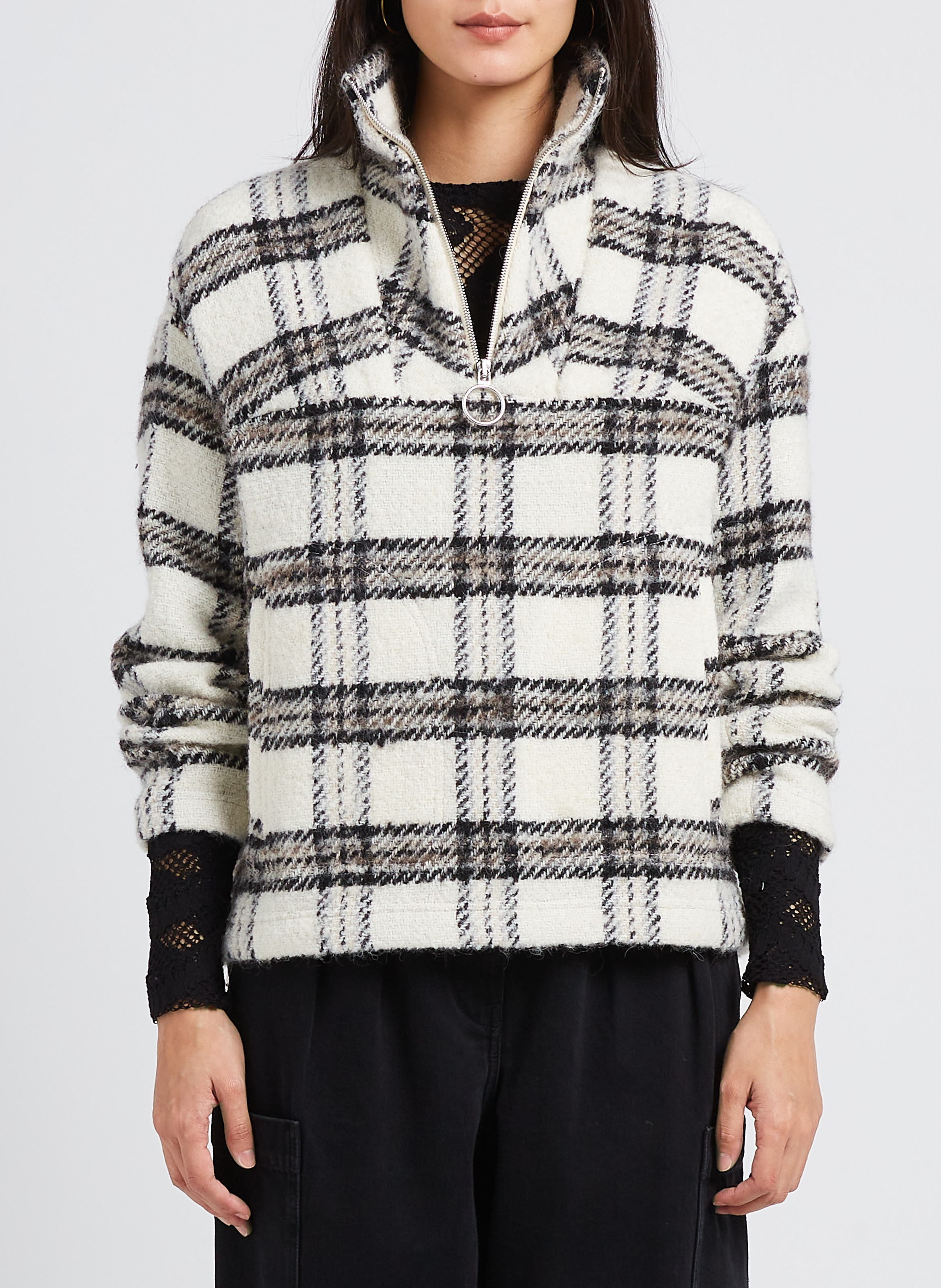 Checked wool-blend sweatshirt with zip-up high neck IRO Beige