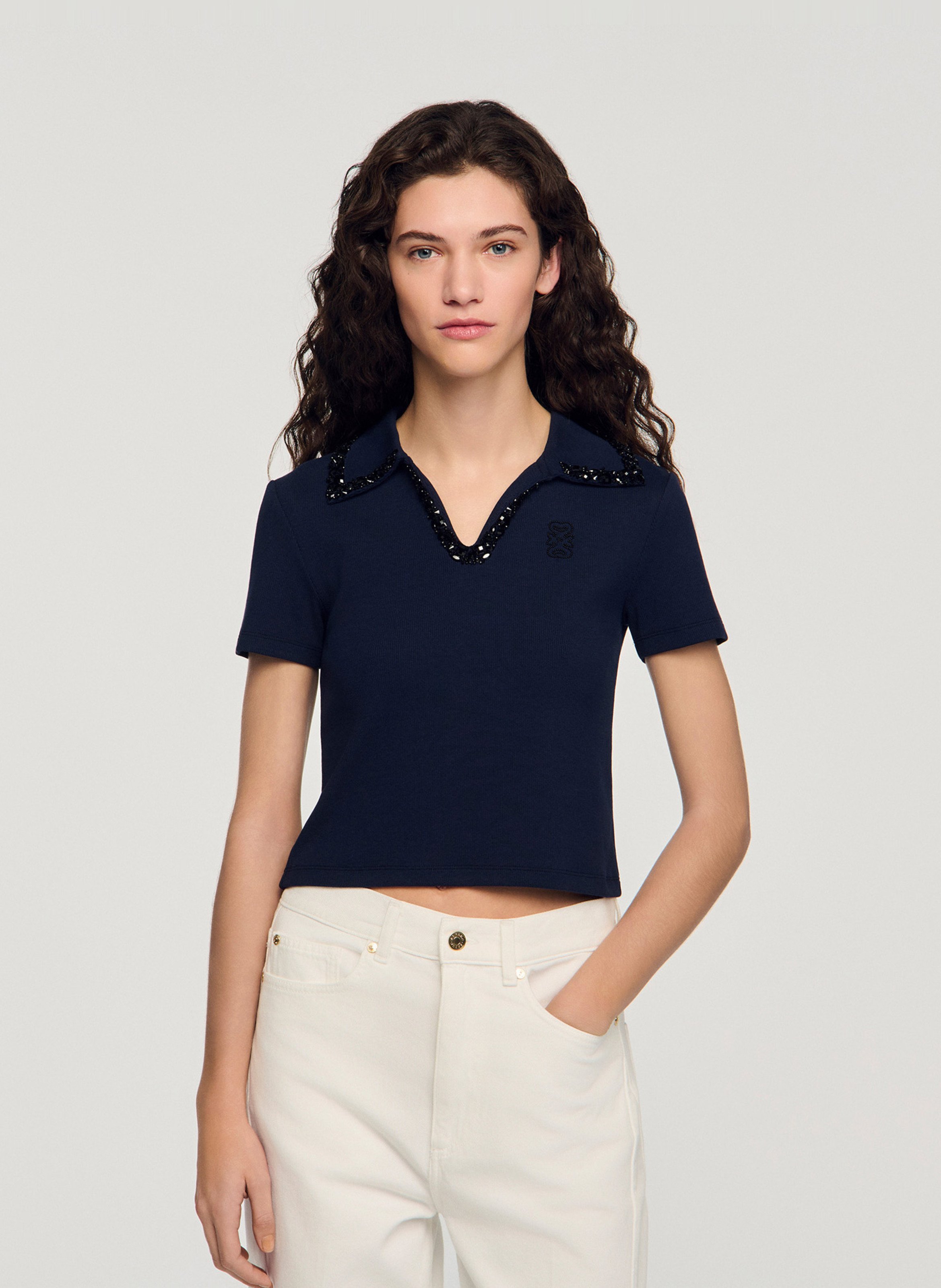 Gerade geschnittenes Poloshirt aus Baumwoll-Mix SANDRO Blau