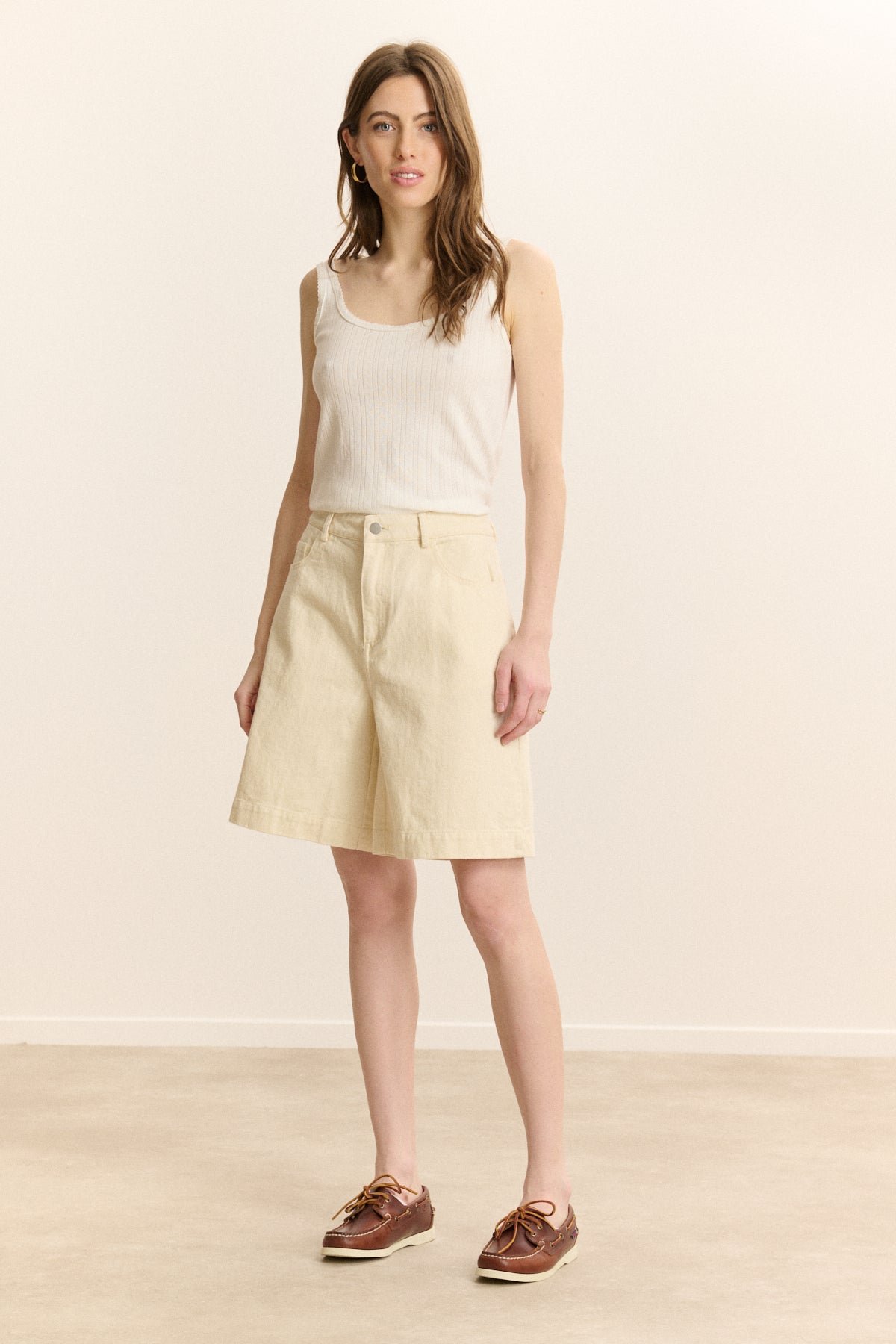 High-waisted straight Bermuda shorts in denim. GARANCE PARIS White