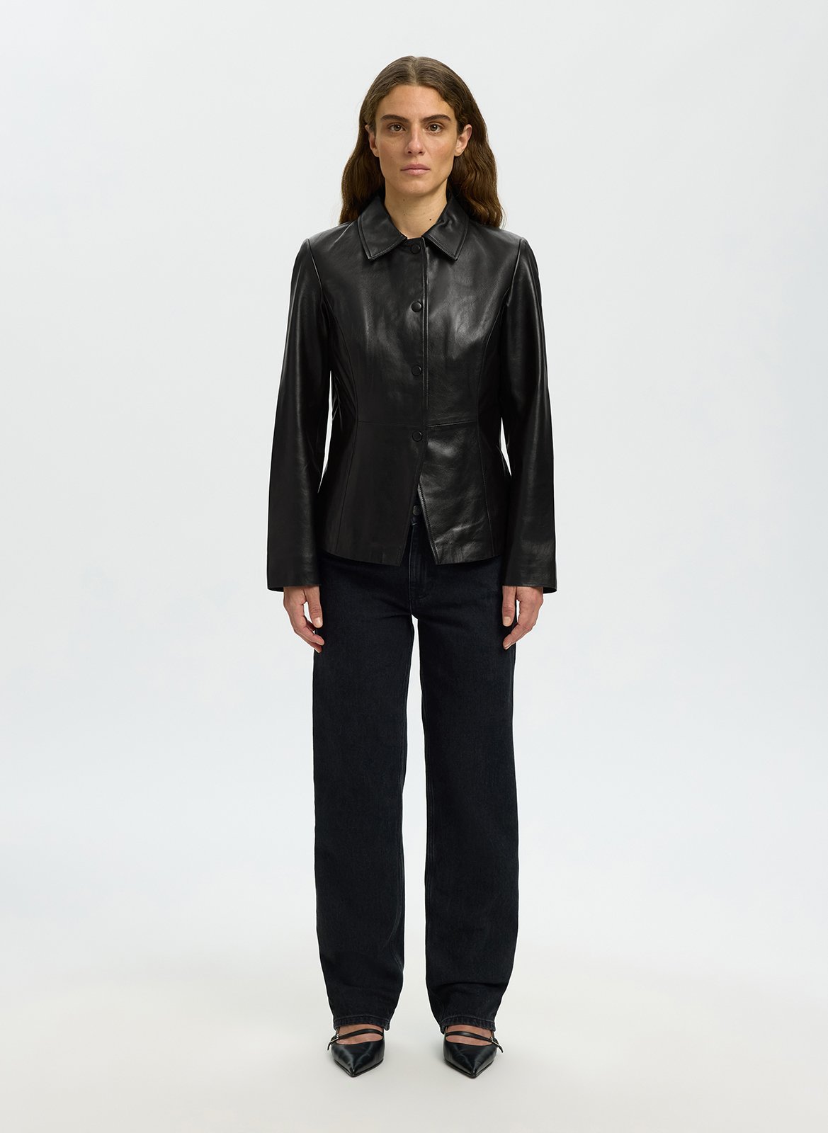 Lederjacke mit klassischem Kragen SELECTED Schwarz