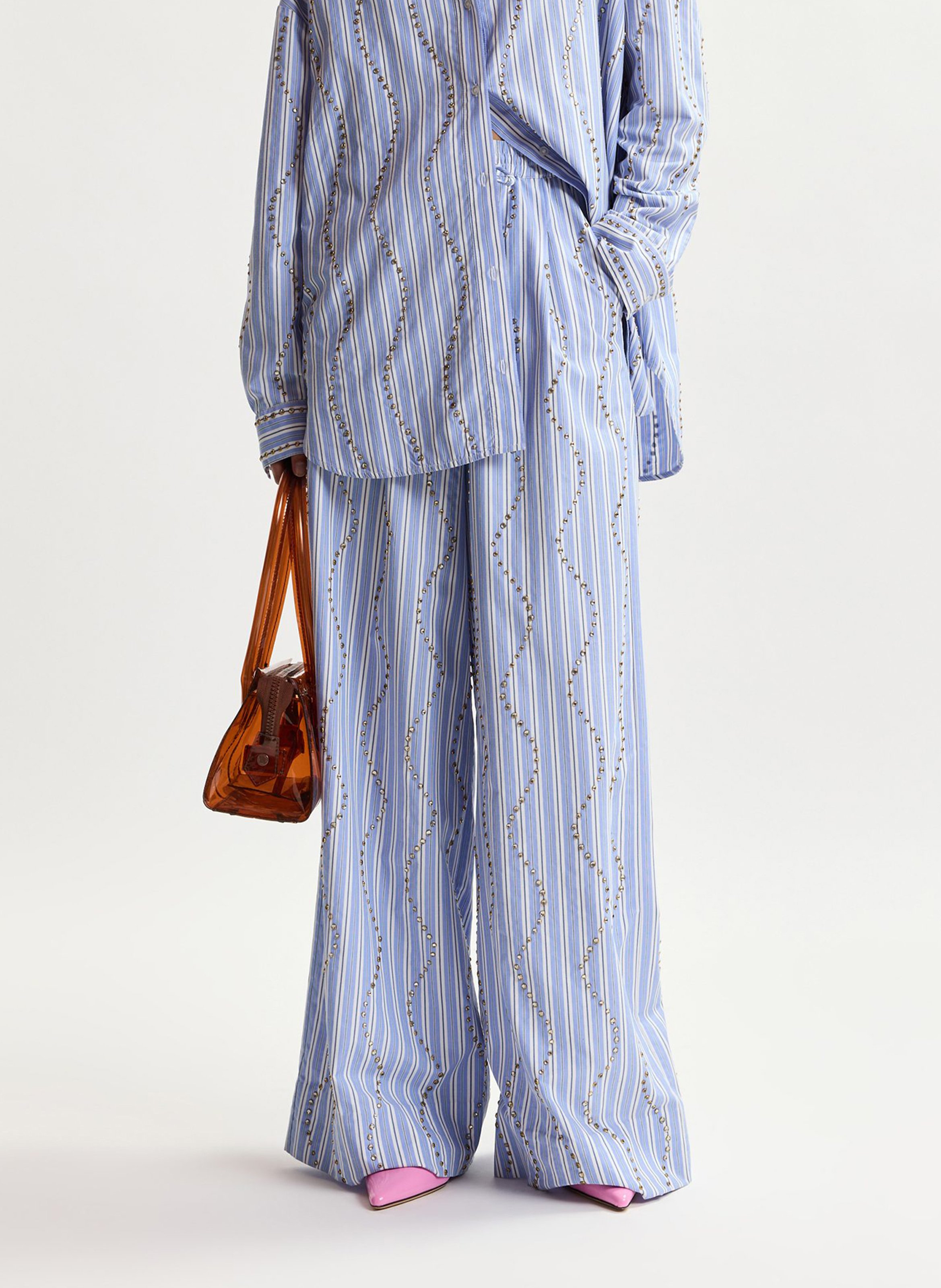 High-waisted wide-leg pants with stripes and rhinestones ESSENTIEL ANTWERP Blue