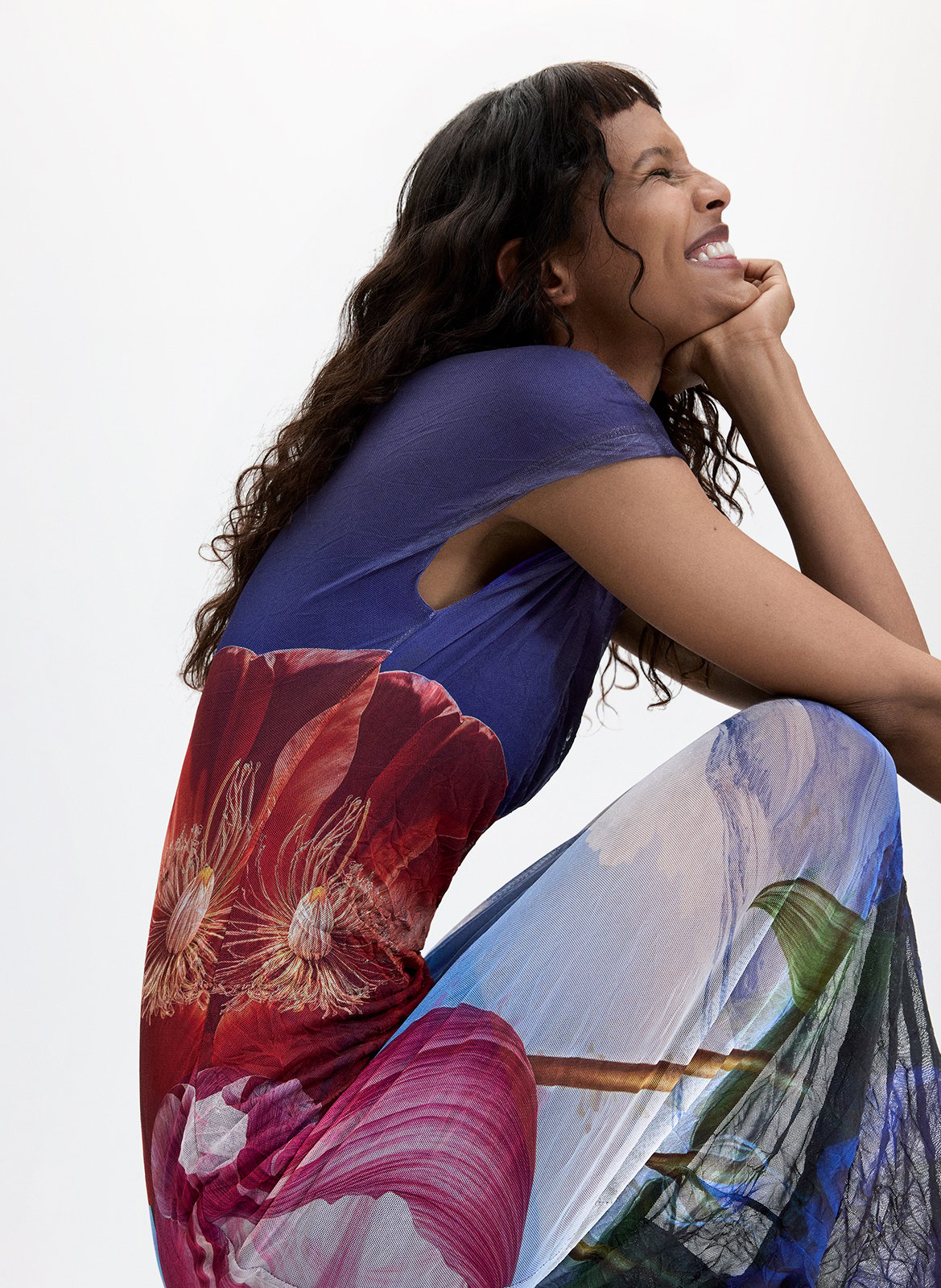 Robe longue imprimée col rond DESIGUAL Bleu