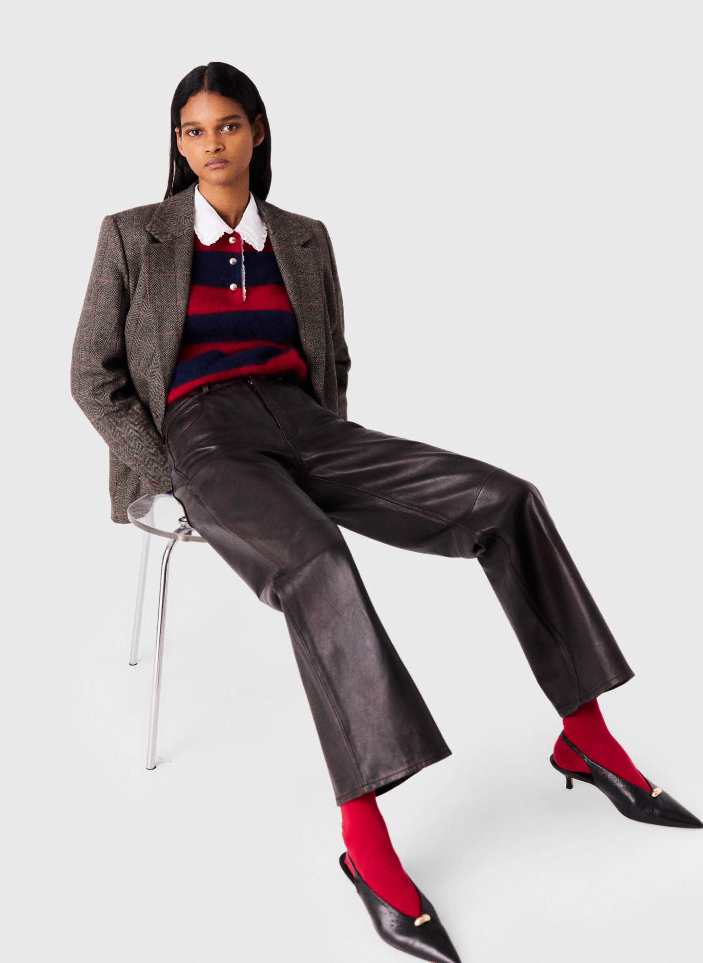 Pantalon droit en cuir MAJE Marron
