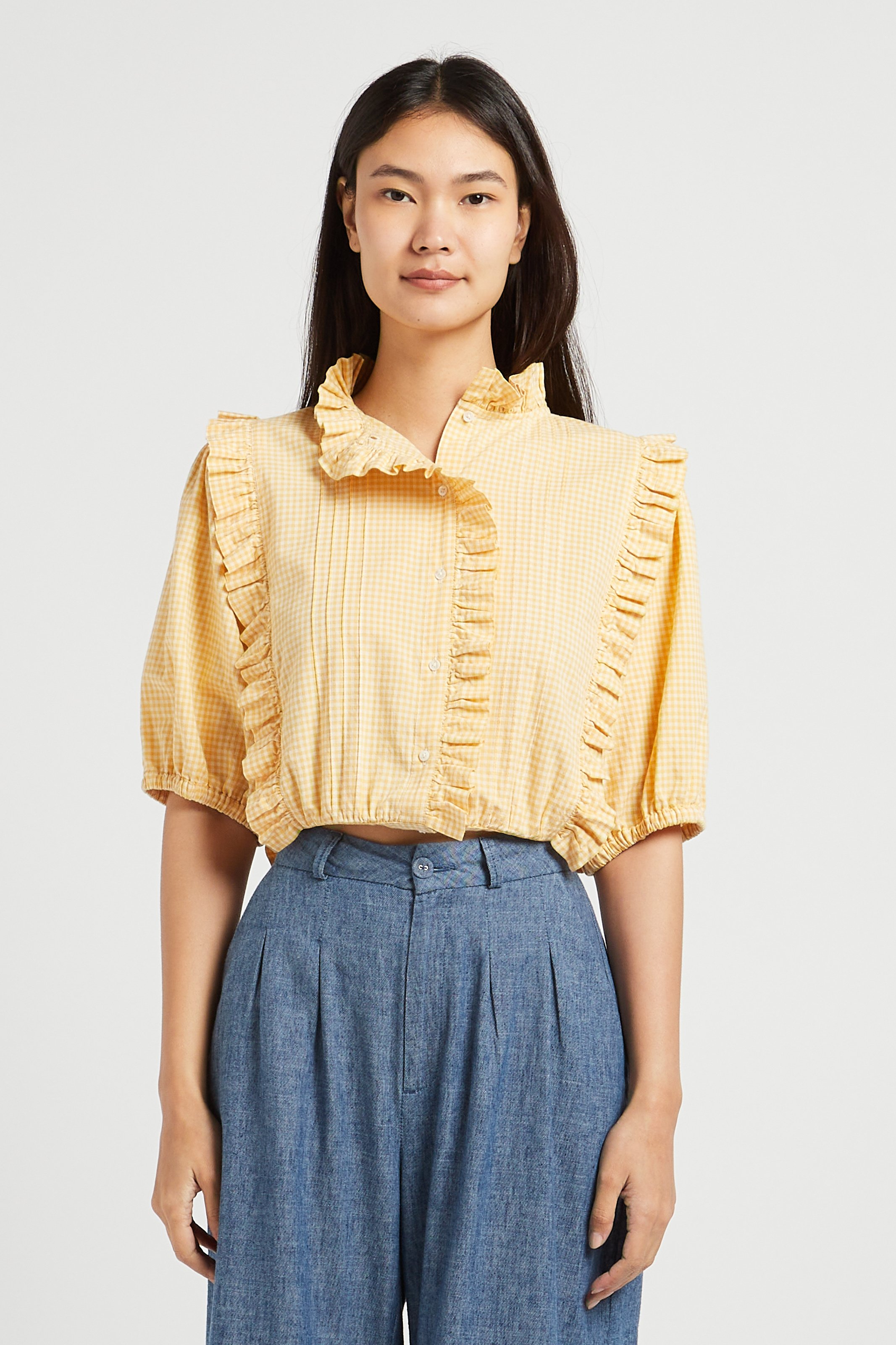 High-neck cotton blouse with ruffles EMILE ET IDA Yellow