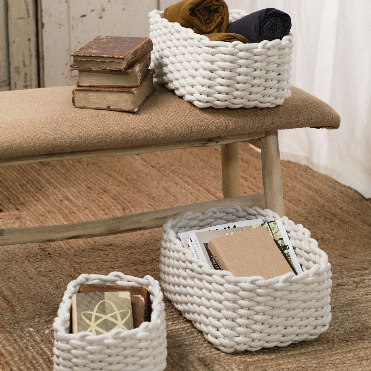 Set of 3 cotton rope baskets FACTORY White