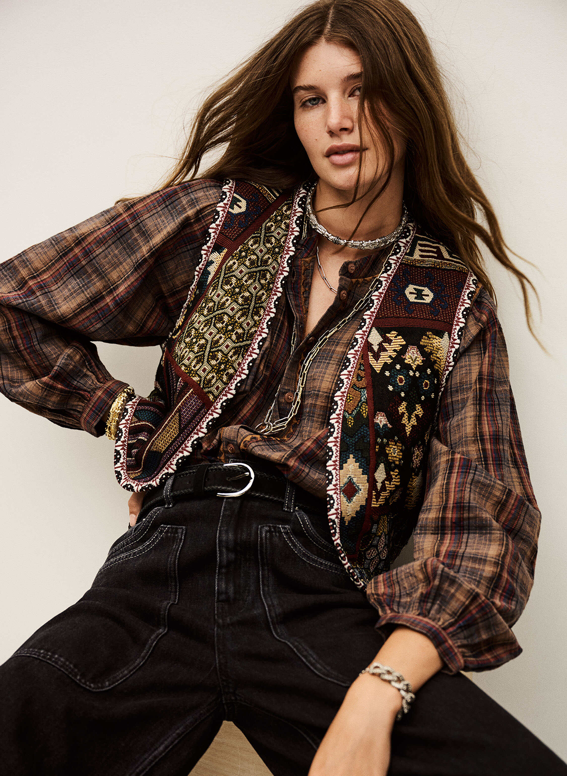 Chemise col rond en coton mélangé BA&SH Marron