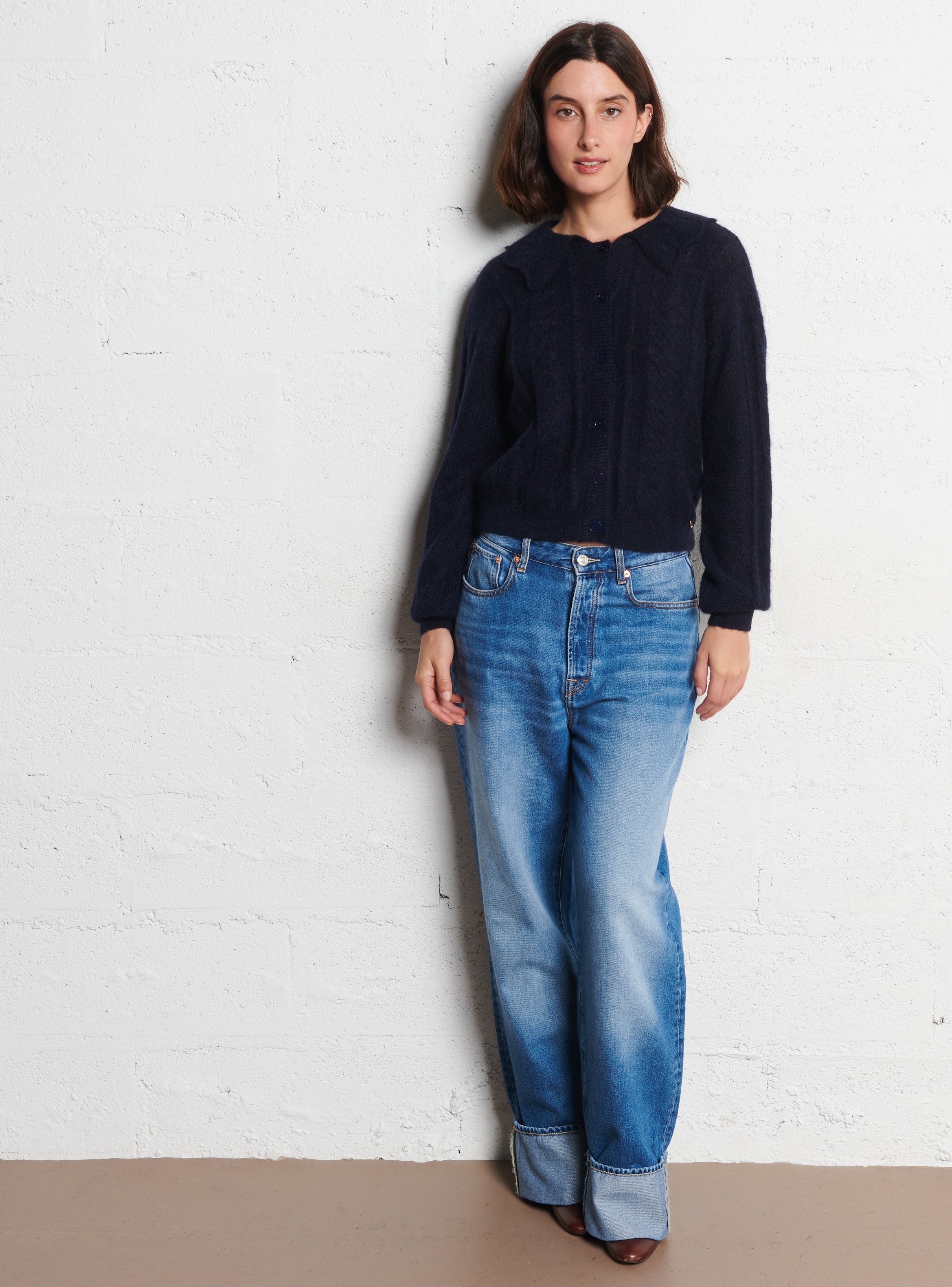 Gilet droit tressé en laine mélangée DES PETITS HAUTS Bleu