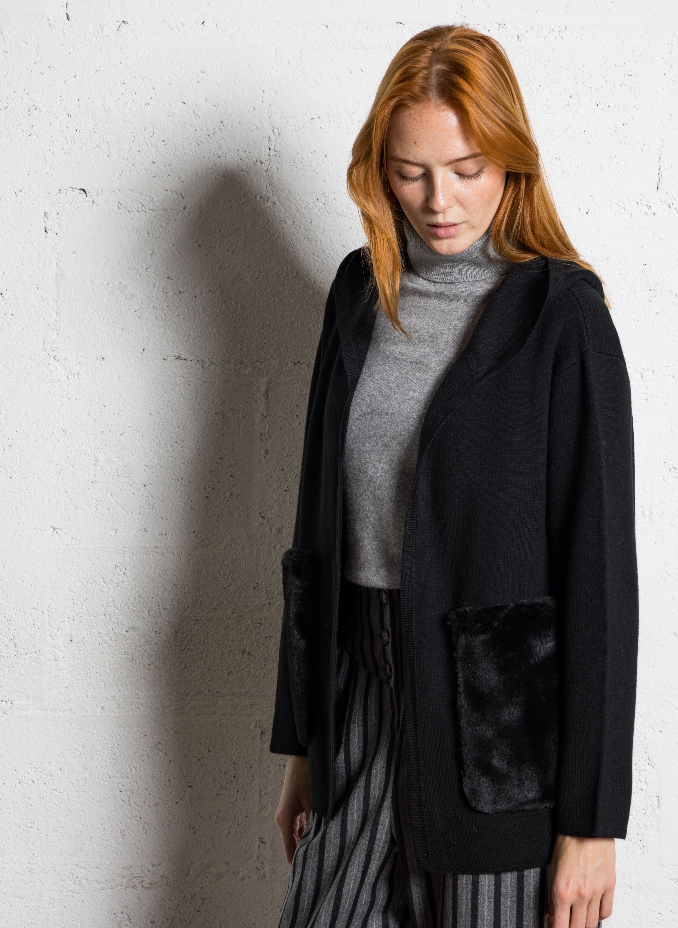 Gilet oversize à capuche en laine mélangée BERENICE Noir