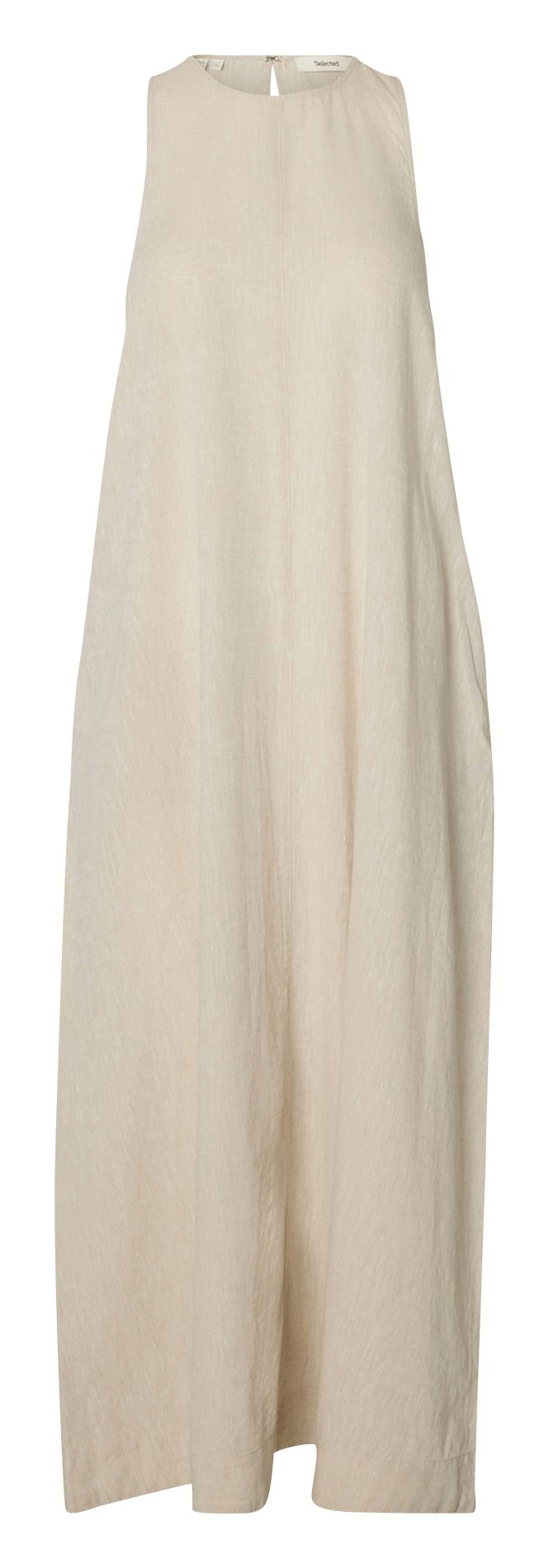 Long round neck dress in blended linen and organic cotton. SELECTED Beige