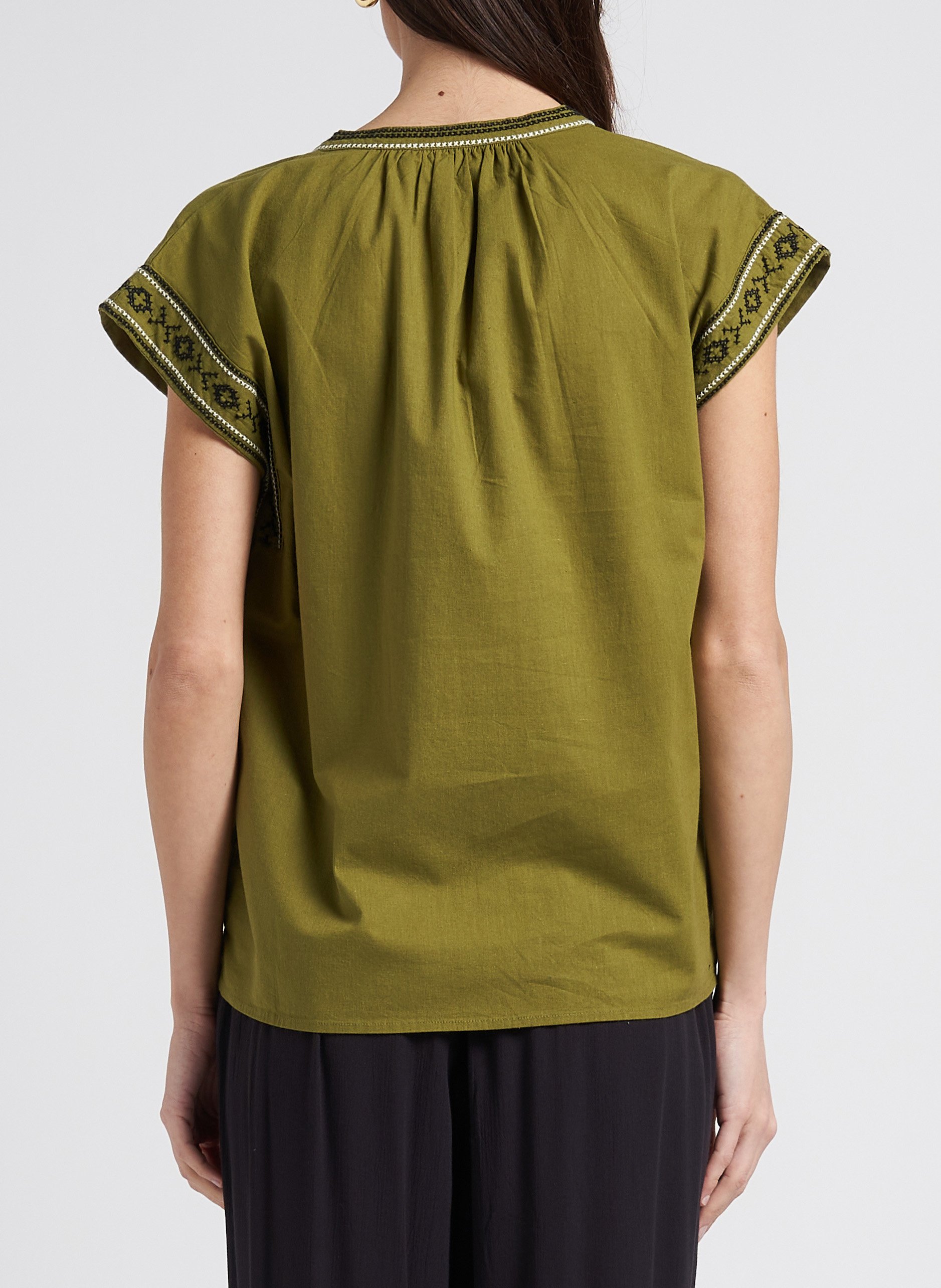 Weite Baumwollbluse mit V-Ausschnitt und Stickerei HARTFORD Khaki