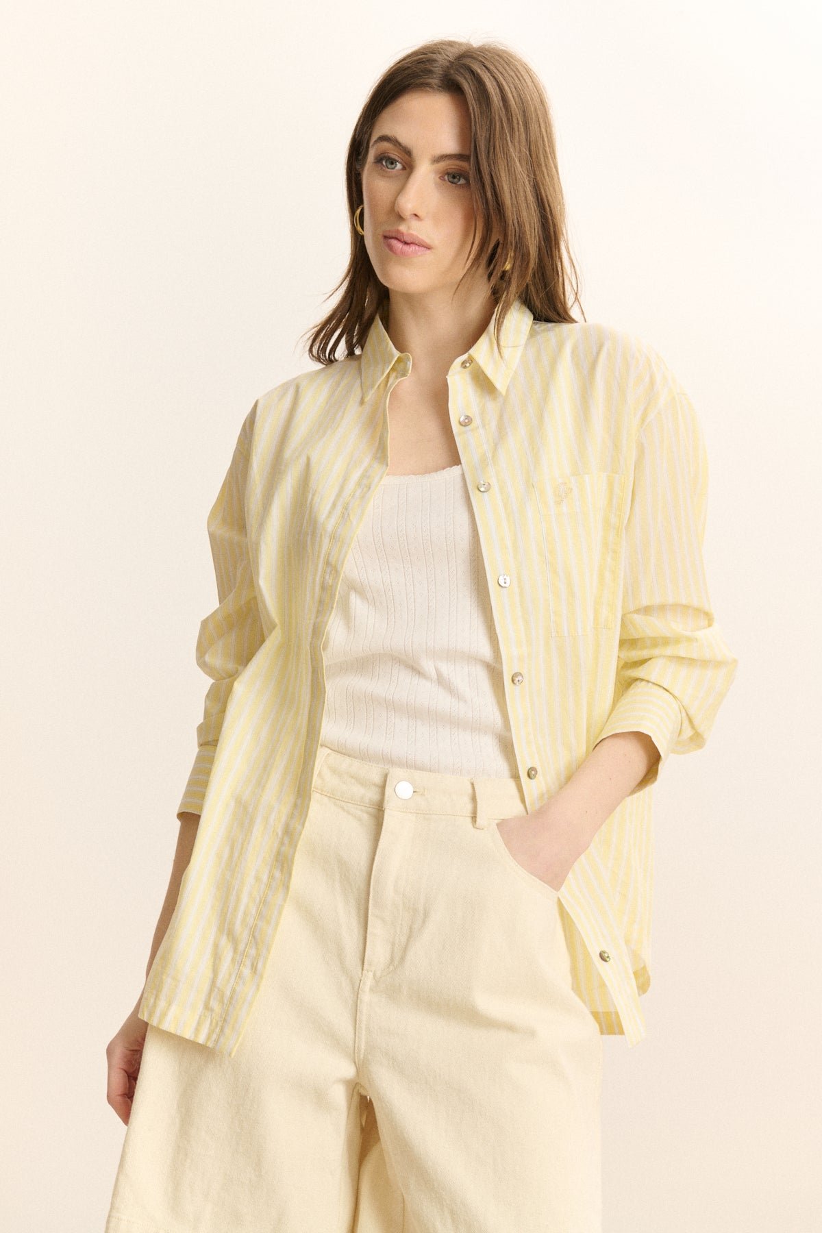 High-waisted straight Bermuda shorts in denim. GARANCE PARIS White