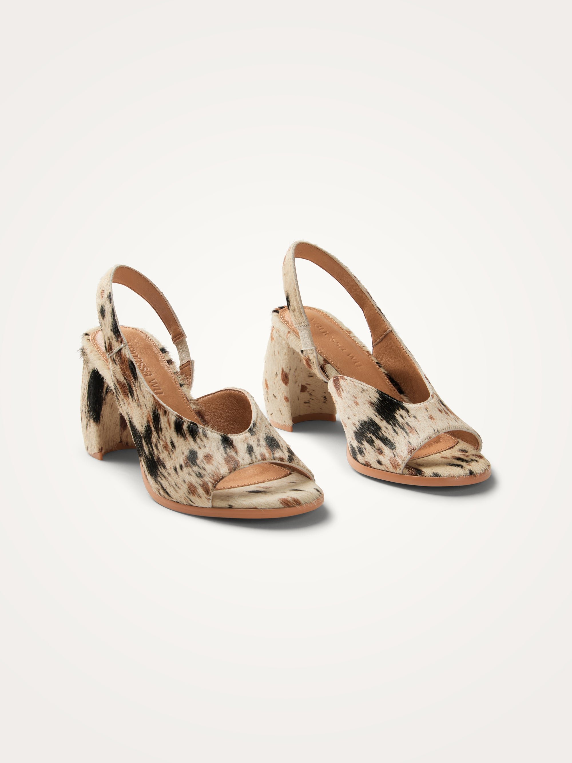 Cow print calf hair ankle strap sandals with demi-lune heel VANESSA WU Multicolored